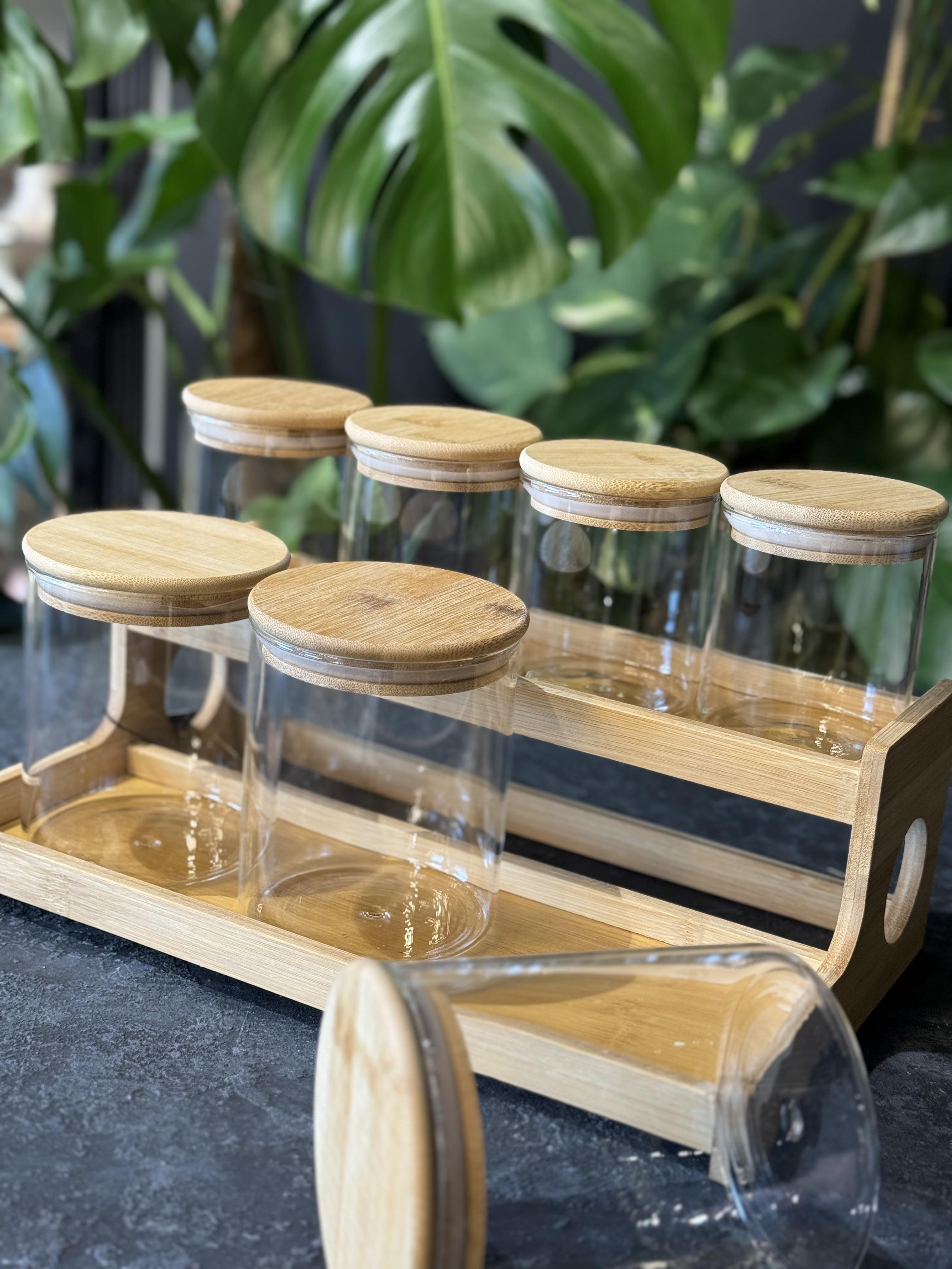 Bambu Stantlı 7 Li Borosilikat Cam Baharatlık Seti
