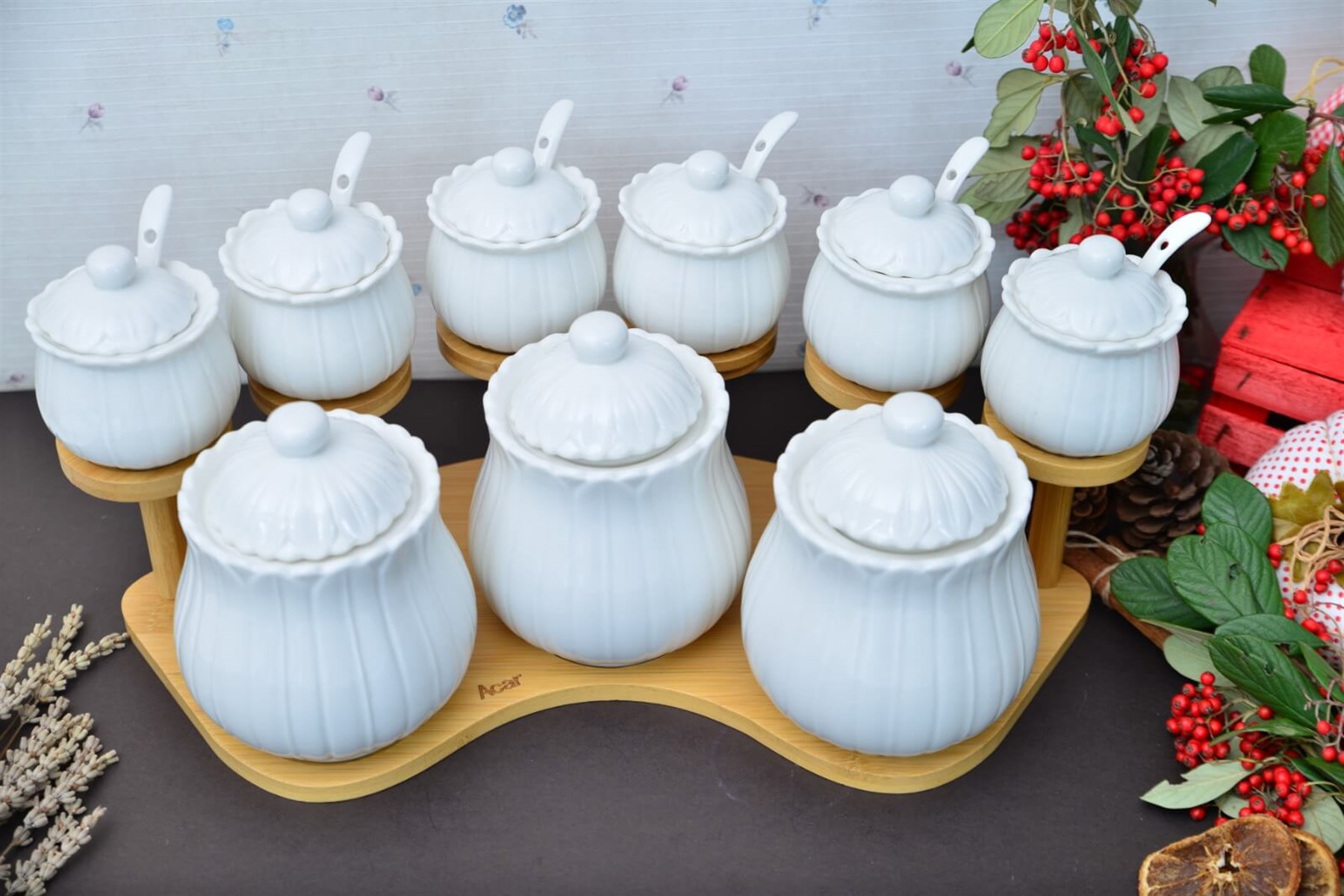 Bambu Tepsi Stantlı 9 Lu Papatya Porselen Baharatlık