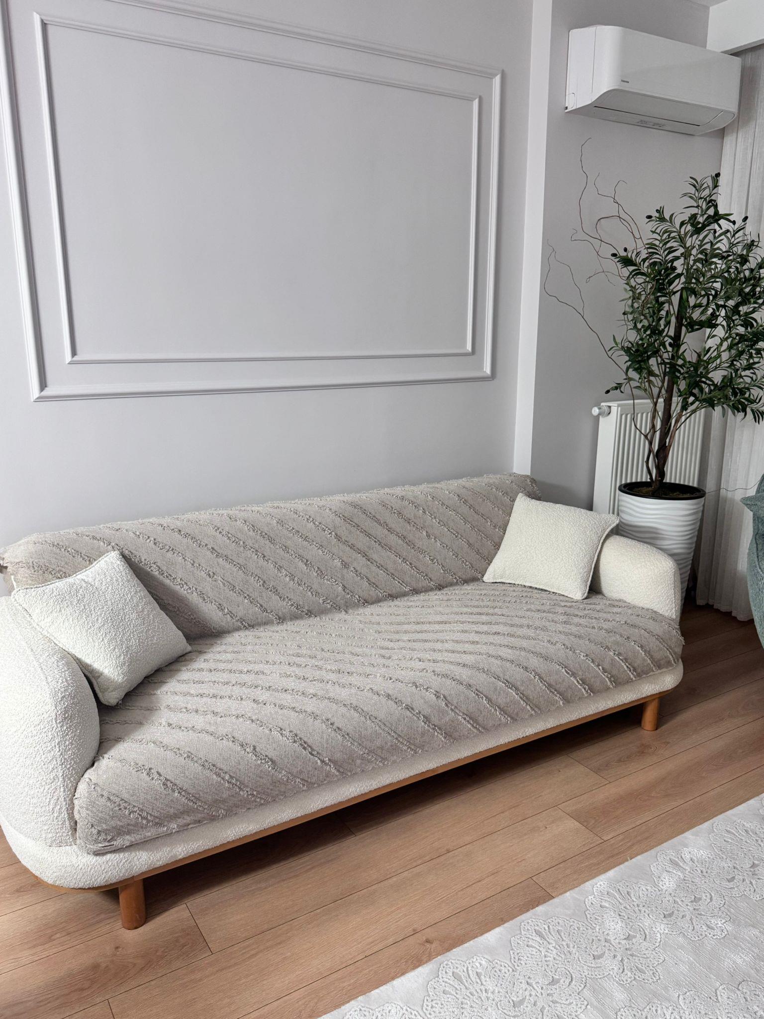 Çizgili Punch Koltuk Örtüsü - Taş