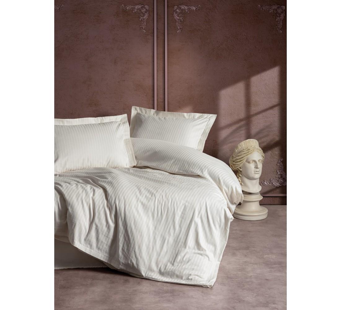 Elegant Stripe Saten Çift Kişilik Nevresim Takımı Ekru