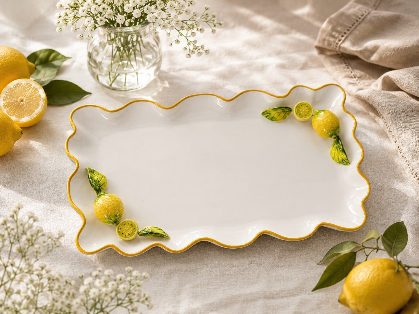 Festa Limon Dikdörtgen Porselen Sunum Tabak - Hand Made