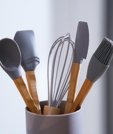 Gray 5 Li Stantlı Mini Bambu Spatula Seti