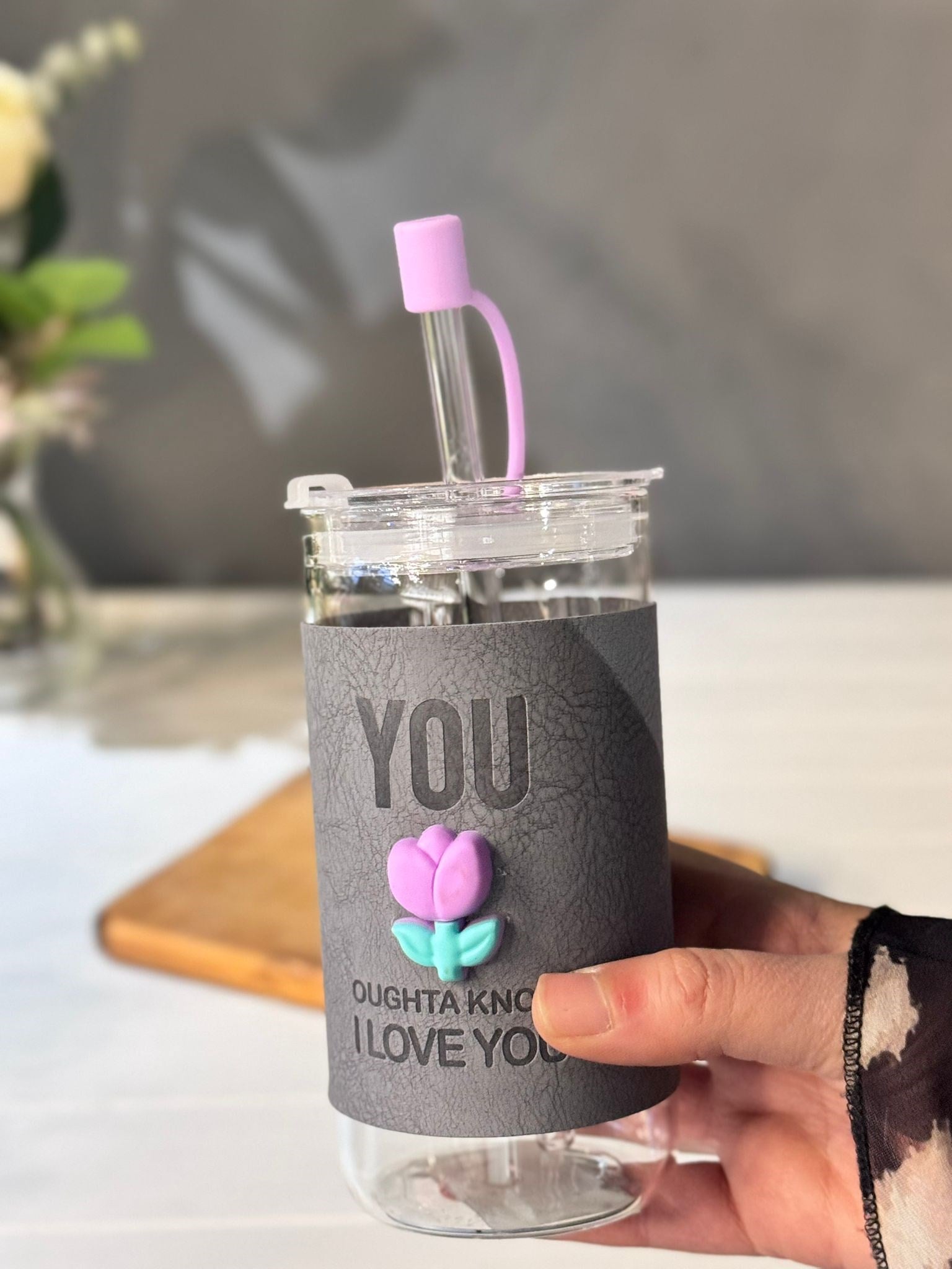 Kapaklı Cam Pipetli Lale Kupa  370 ML - Gri