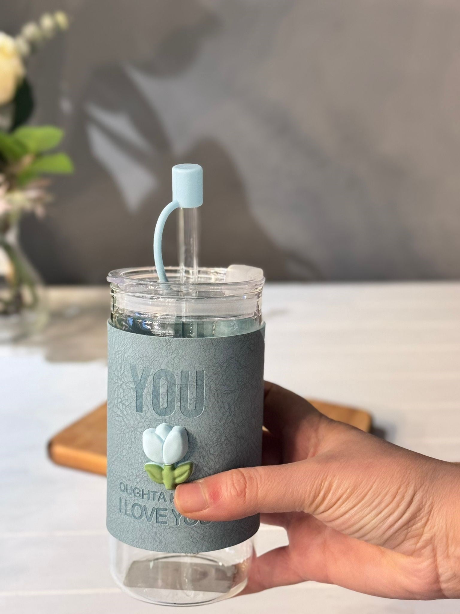 Kapaklı Cam Pipetli Lale Kupa  370 ML - Mavi