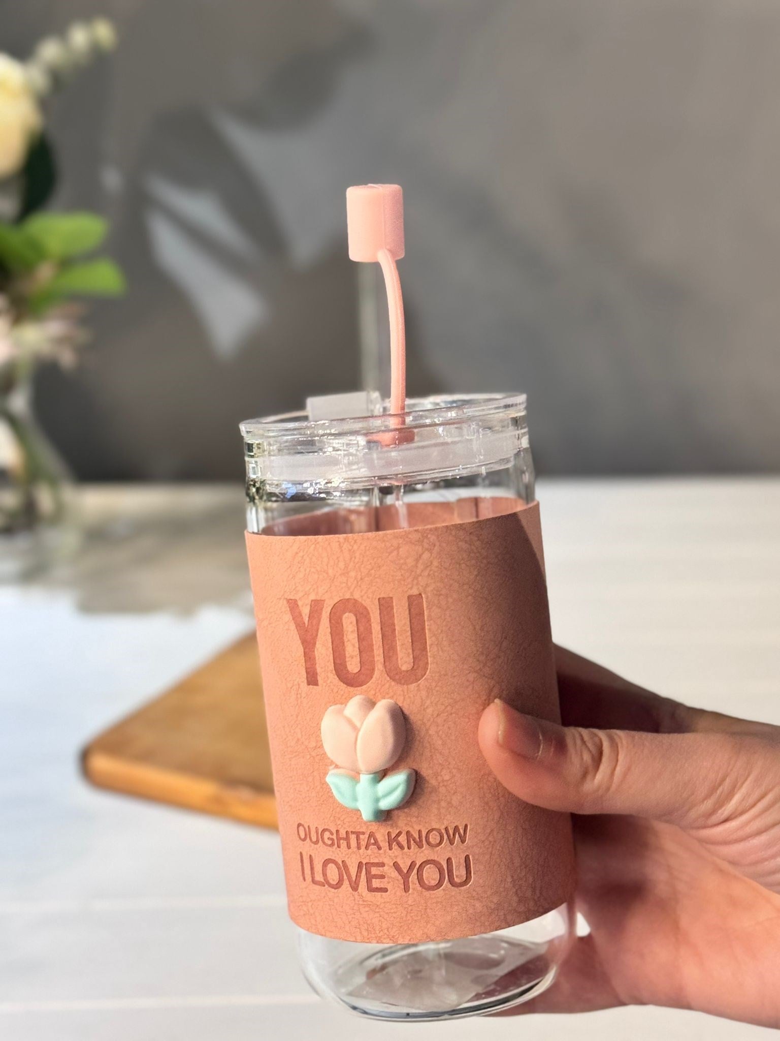 Kapaklı Cam Pipetli Lale Kupa  370 ML - Pembe