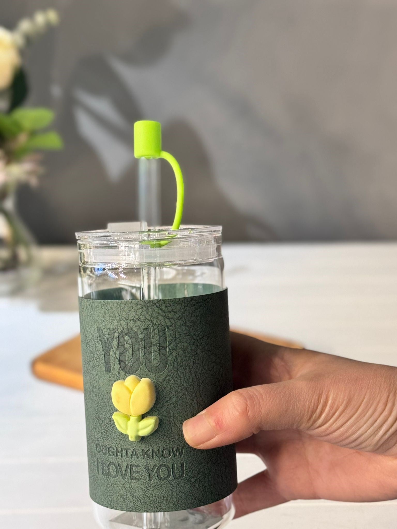 Kapaklı Cam Pipetli Lale Kupa  370 ML - Yeşil