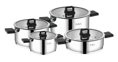 OMS 8 Parça Silindir 18/10 Paslanmaz Çelik Tencere Seti - İndüksiyon Tabanlı Katlanabilir Kulp