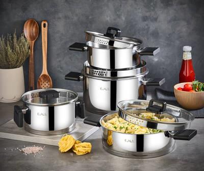 OMS 8 Parça Süzgeçli Silindir 18/10 Paslanmaz Çelik Tencere Seti - İndüksiyon Tabanlı Katlanabilir Kulp