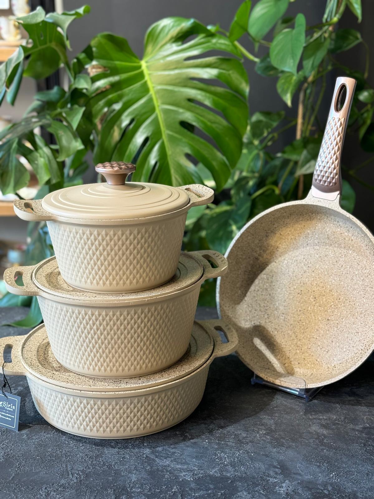 Oms Triana Krem 7 Parça Döküm Biogranit Tencere Seti