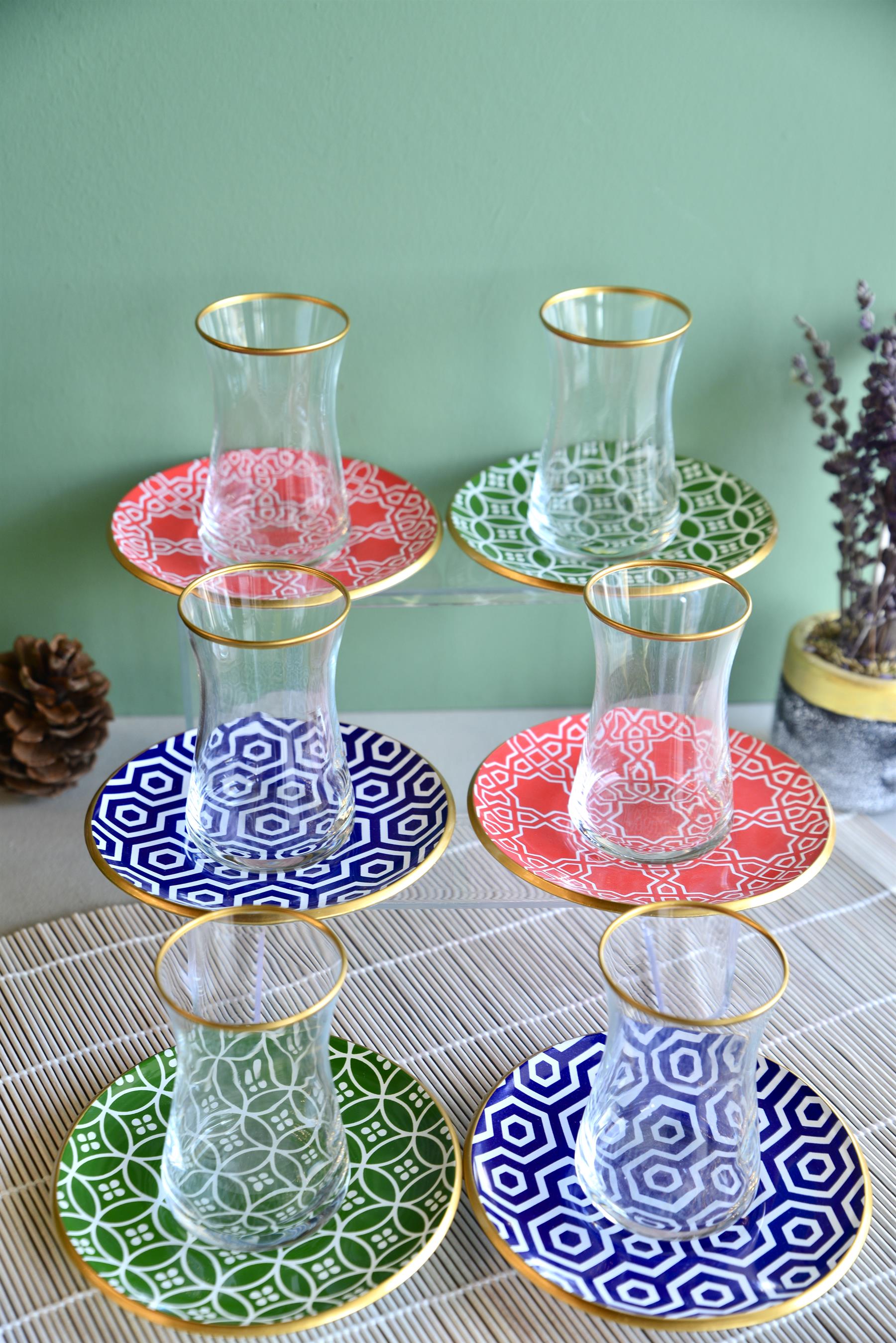 Pink More Geometrik 12 Parça 6 Kişilik Çay Seti