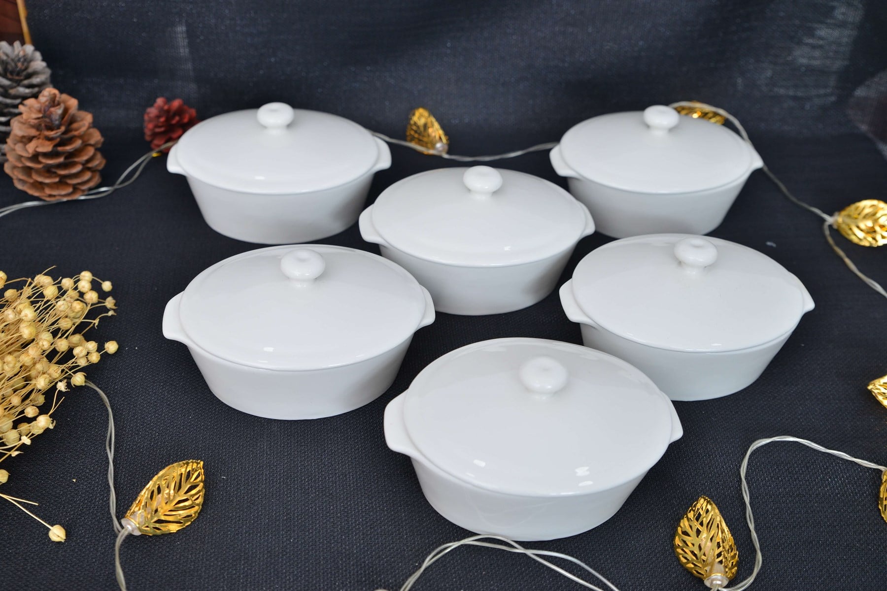 Porselen Oval Kapaklı Kase 6 Lı 