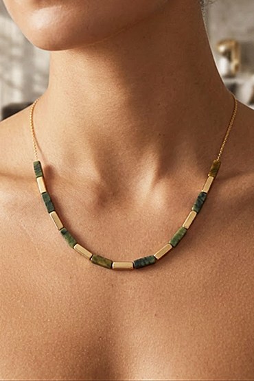 Bijusel Doğal Yeşim ve Gold Hematit Taşlı Kolye - 18K Altın Kaplama Çelik Zincirli Minimal Kadın Kolye