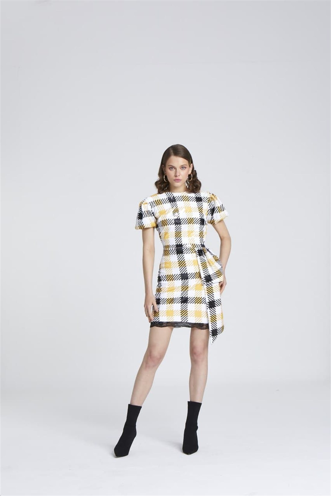 Ekose payetli sırt dekolteli mini elbise