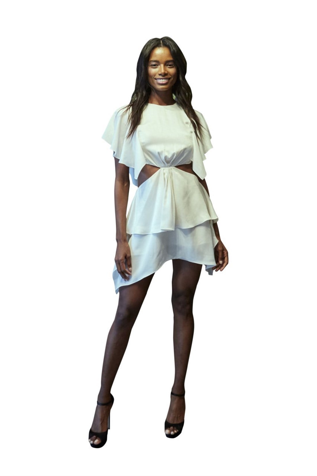 Ekru Bel Dekolteli Mini Mendil Elbise