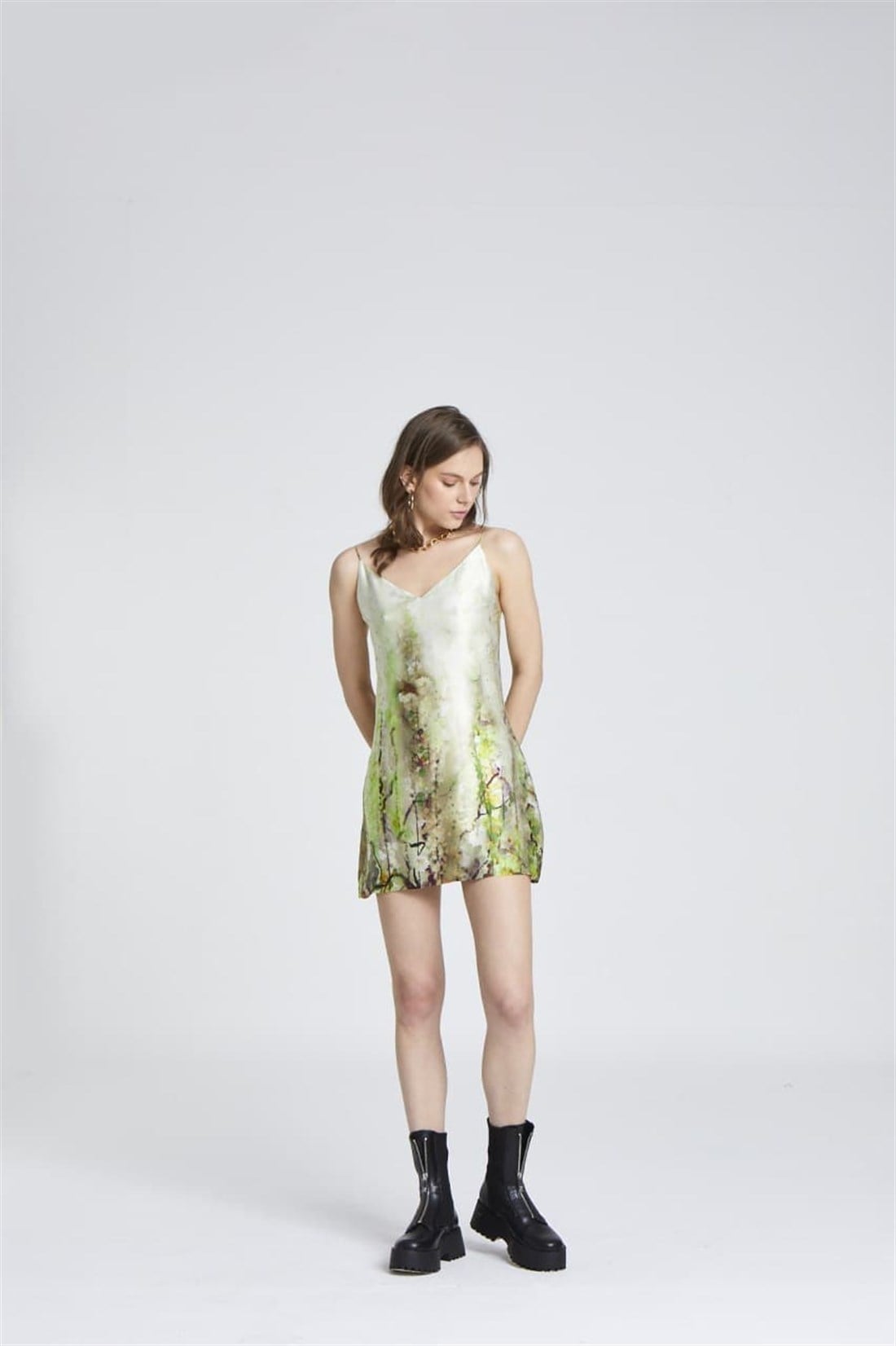 Yeşil baskılı mini elbise