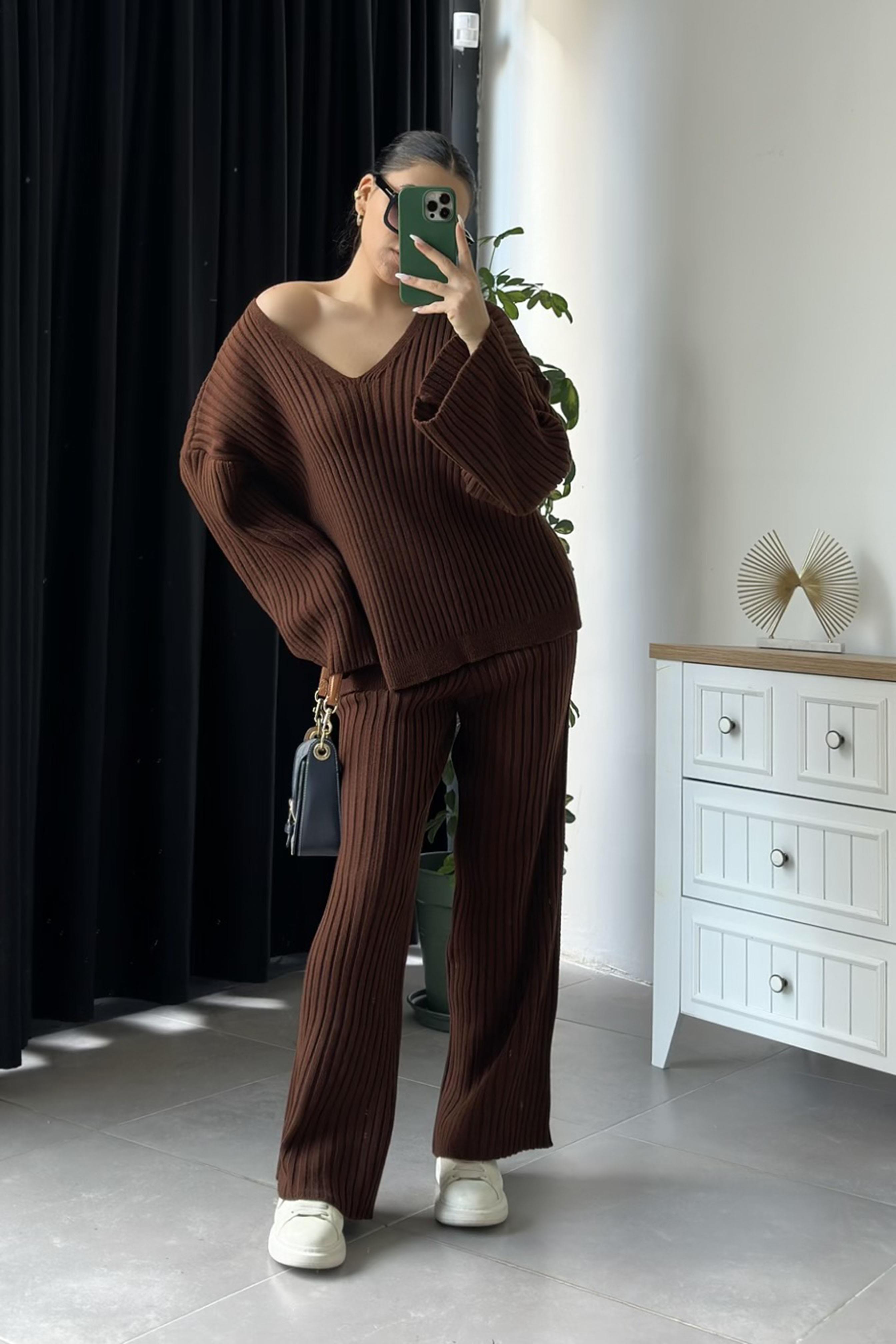 Atkılı Triko Takım Acı Kahve