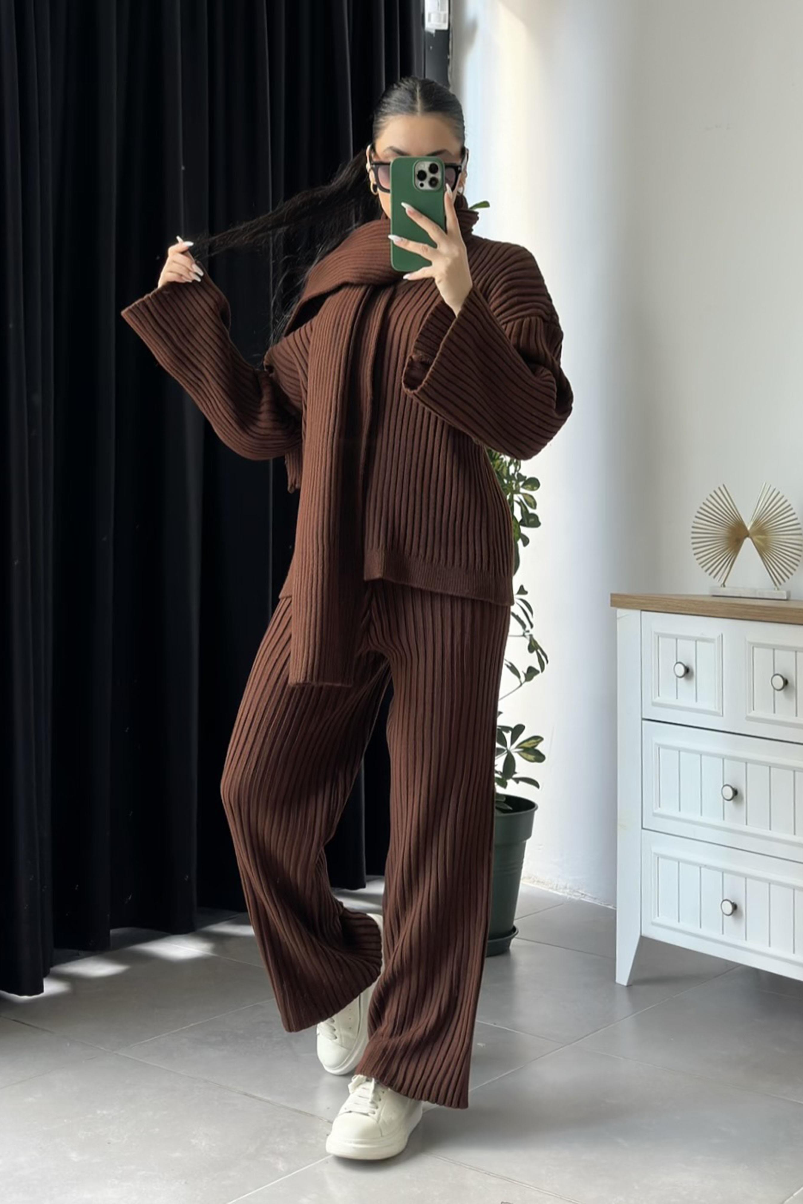 Atkılı Triko Takım Acı Kahve