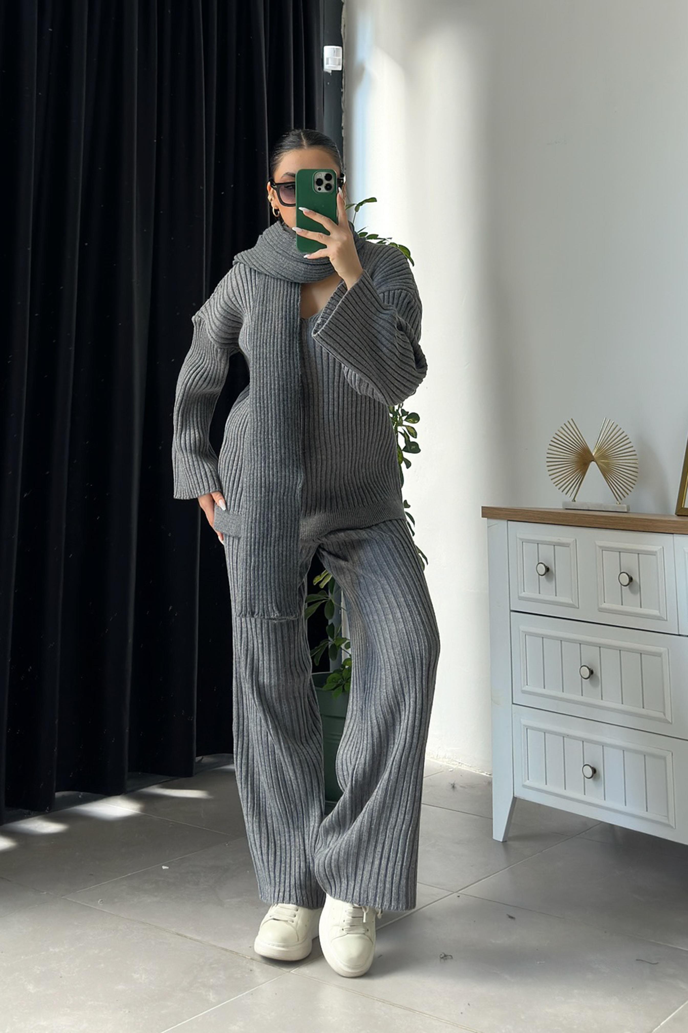 Atkılı Triko Takım Gri