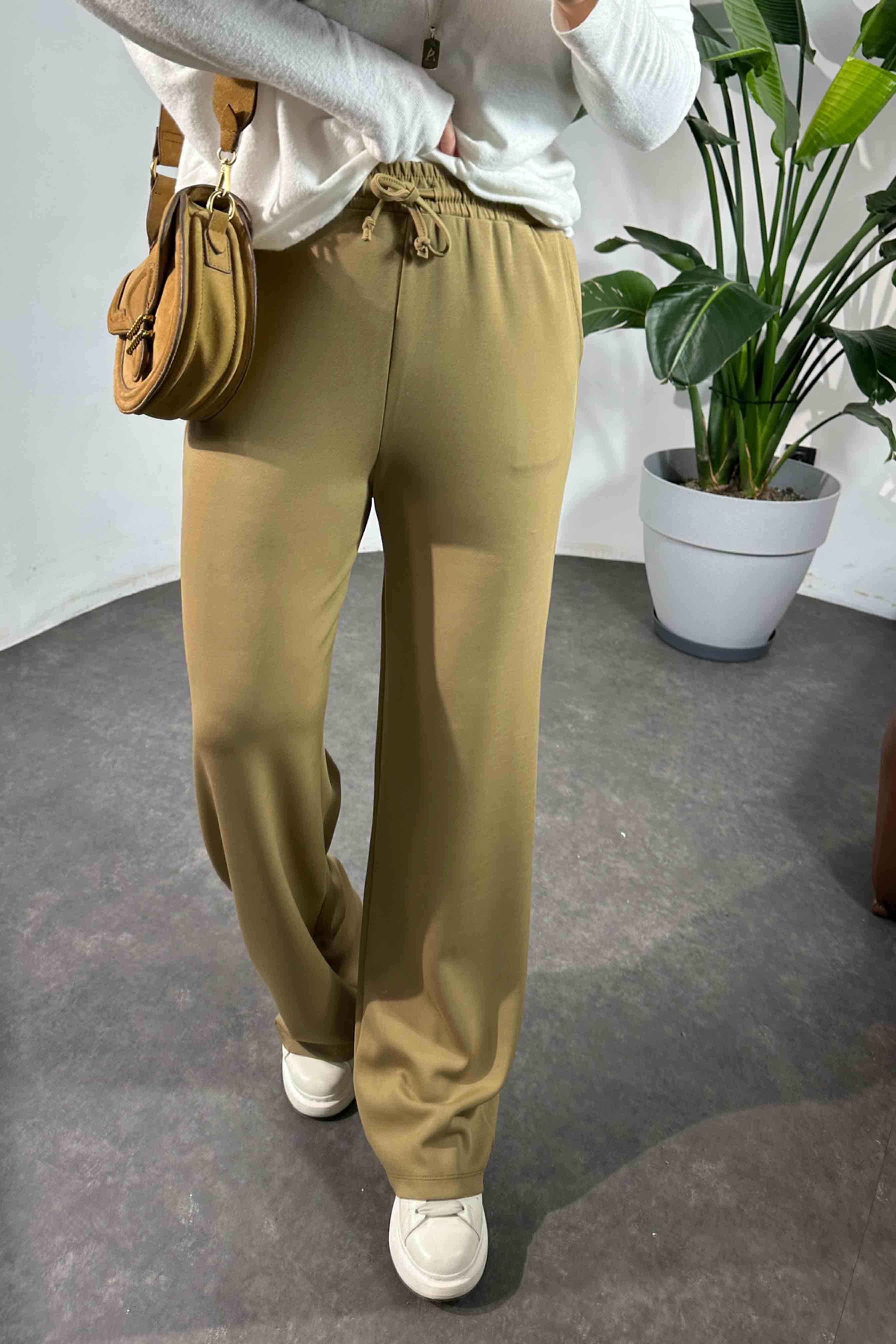 Bel Bağlamalı Cepli Modal Kumaş Pantolon Yağ Yeşili