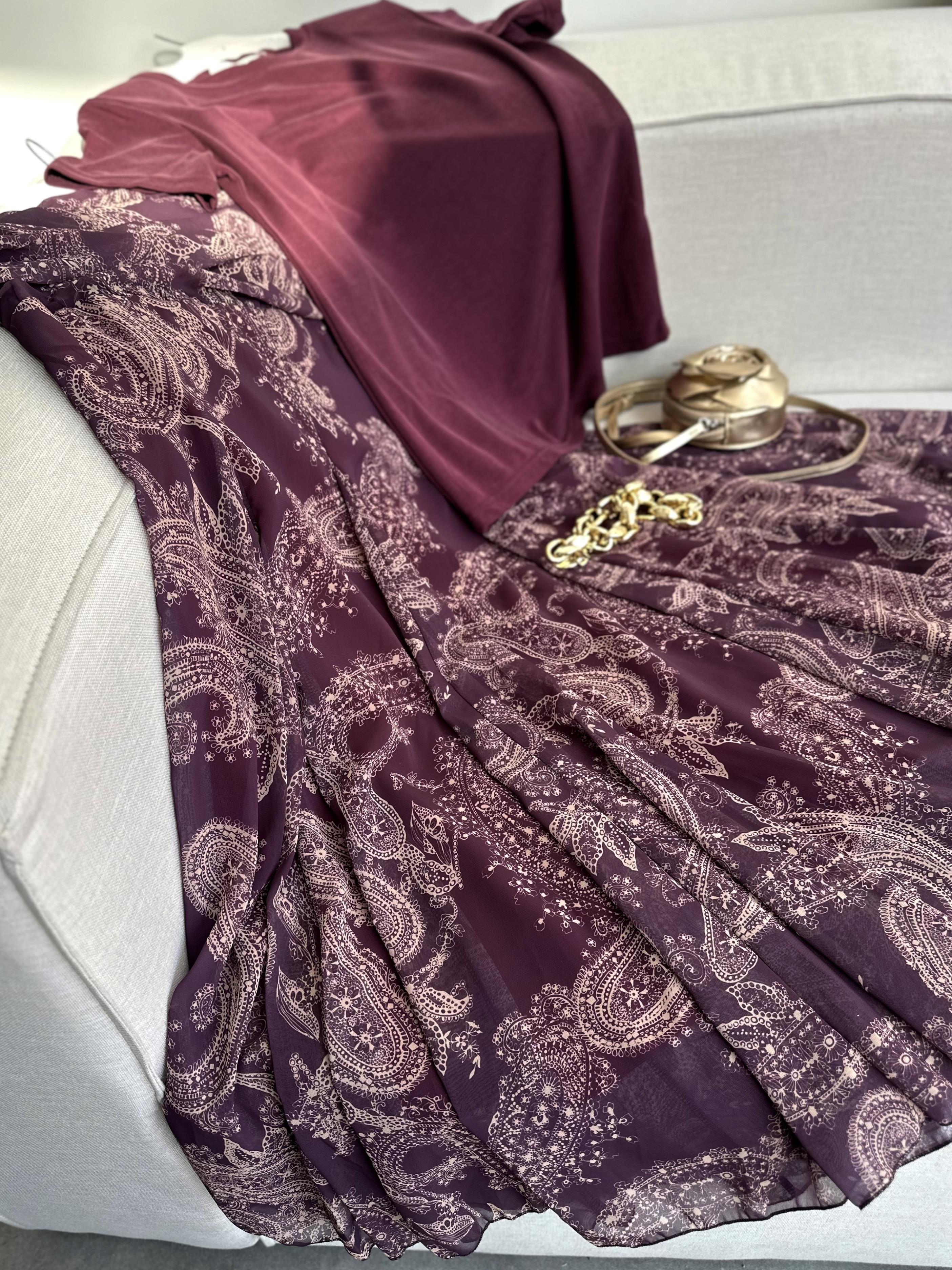 Bel Drape Şal Desen Şifon Etek Bordo