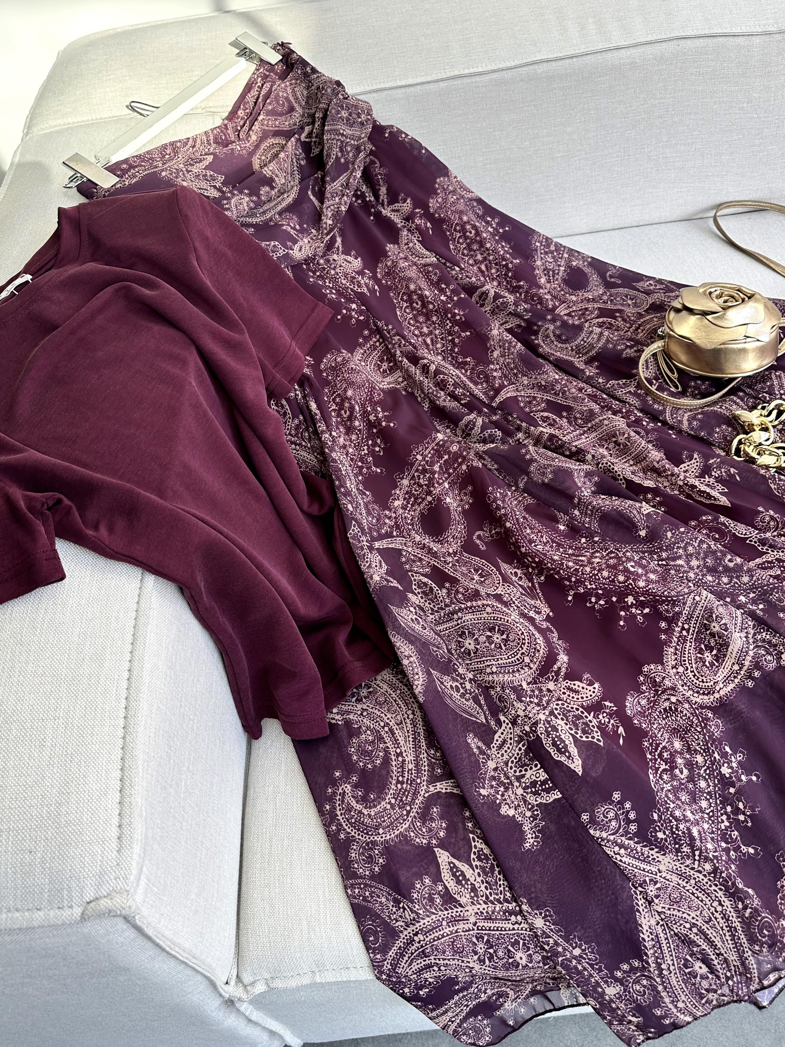 Bel Drape Şal Desen Şifon Etek Bordo