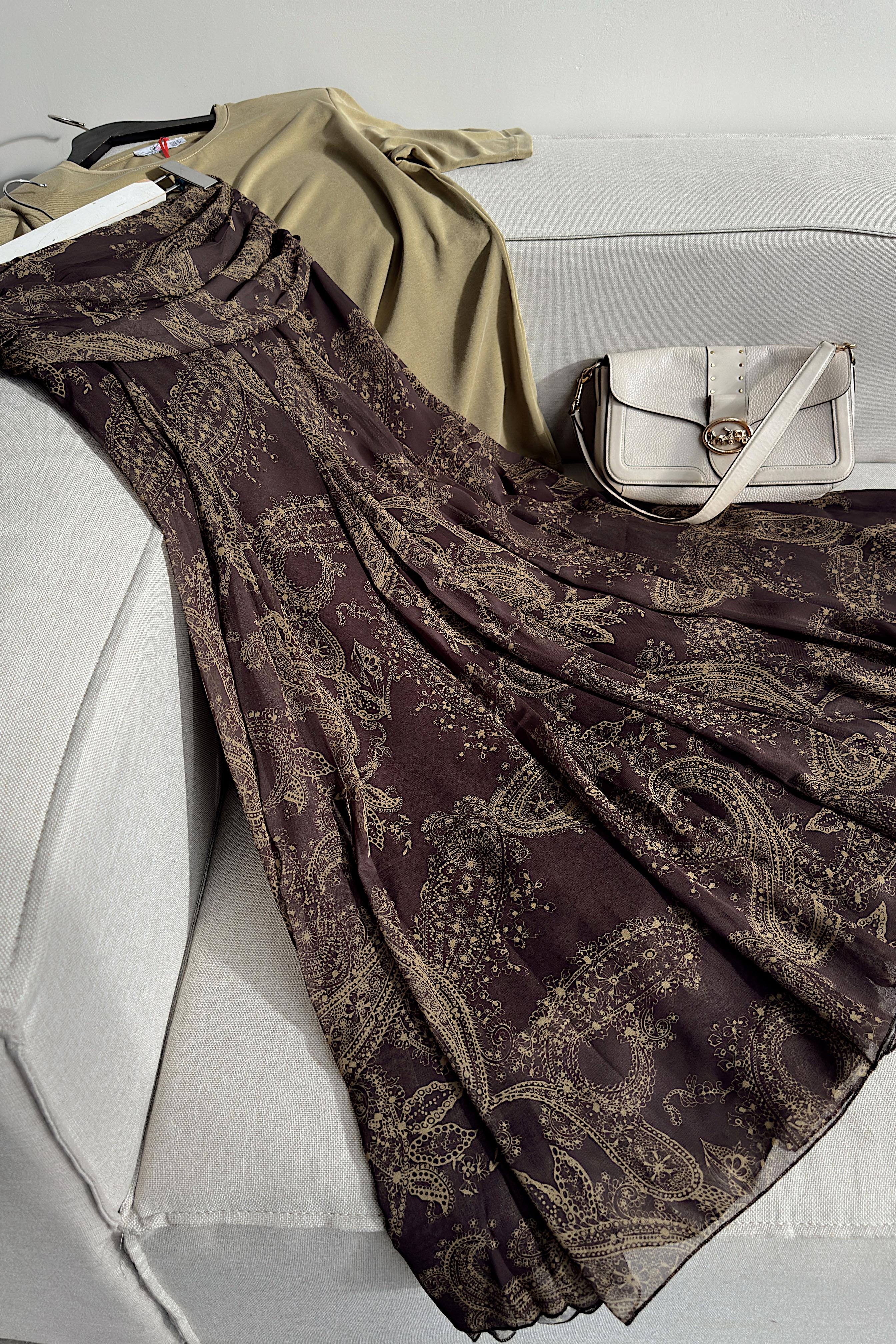 Bel Drape Şal Desen Şifon Etek Kahverengi