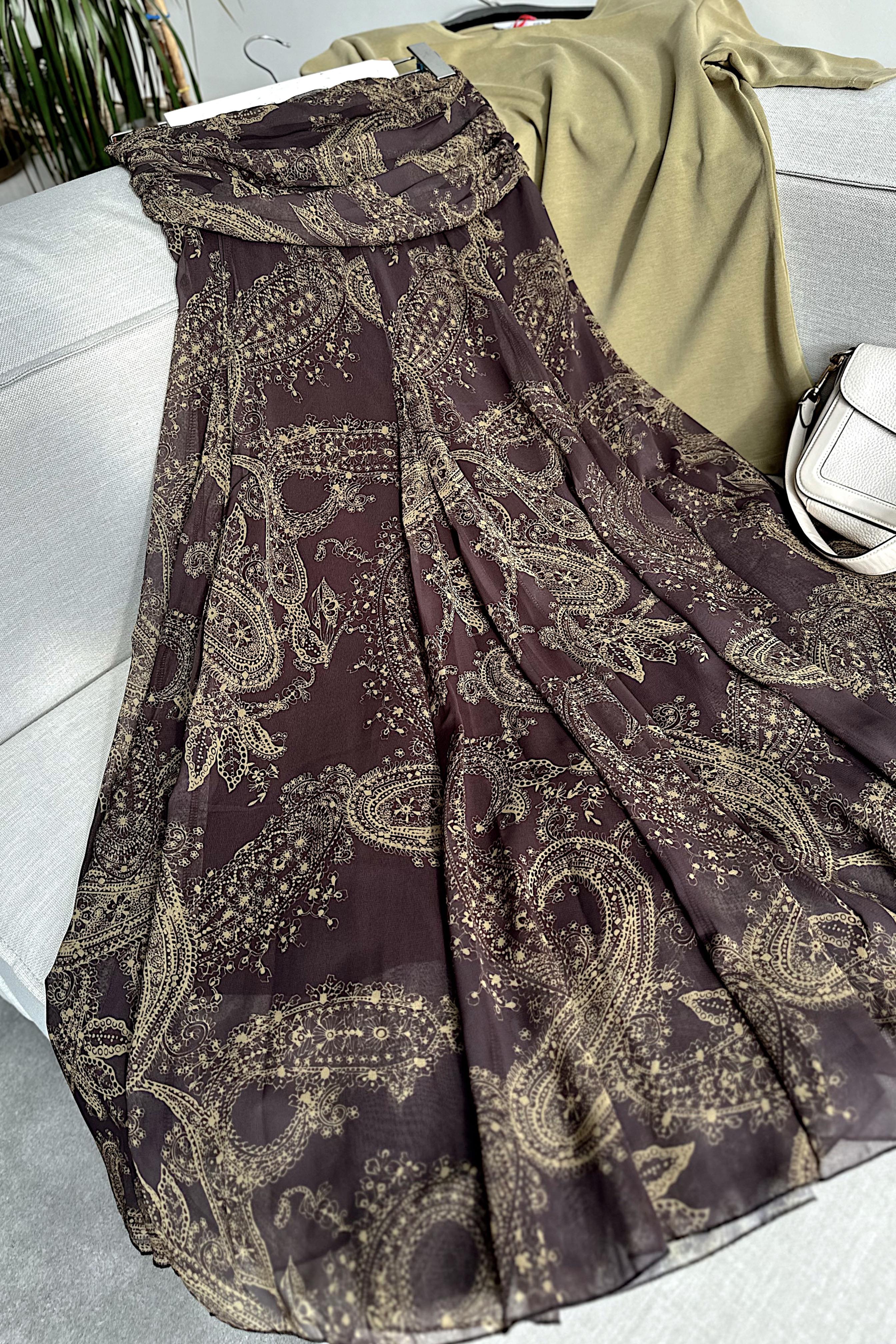 Bel Drape Şal Desen Şifon Etek Kahverengi