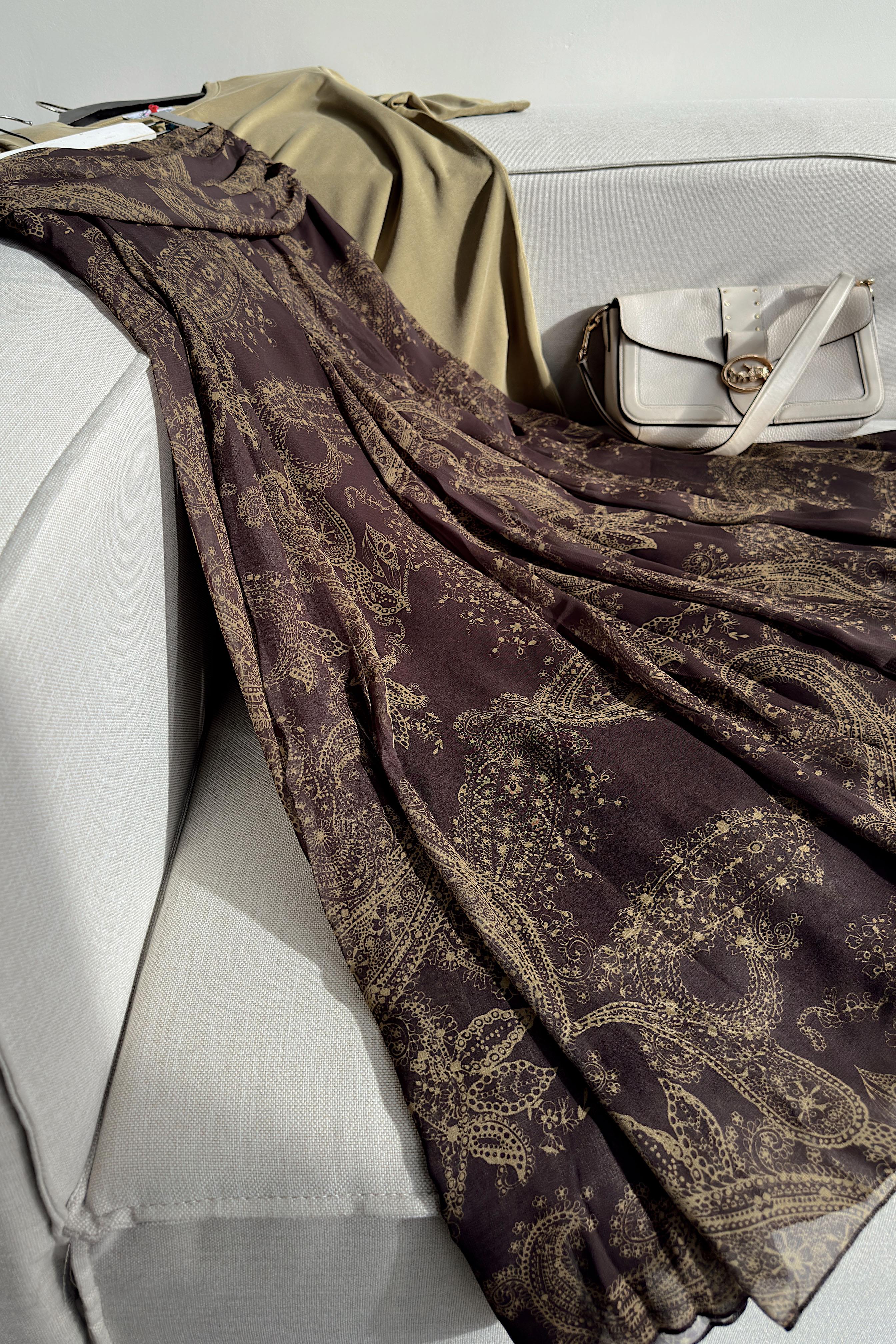 Bel Drape Şal Desen Şifon Etek Kahverengi