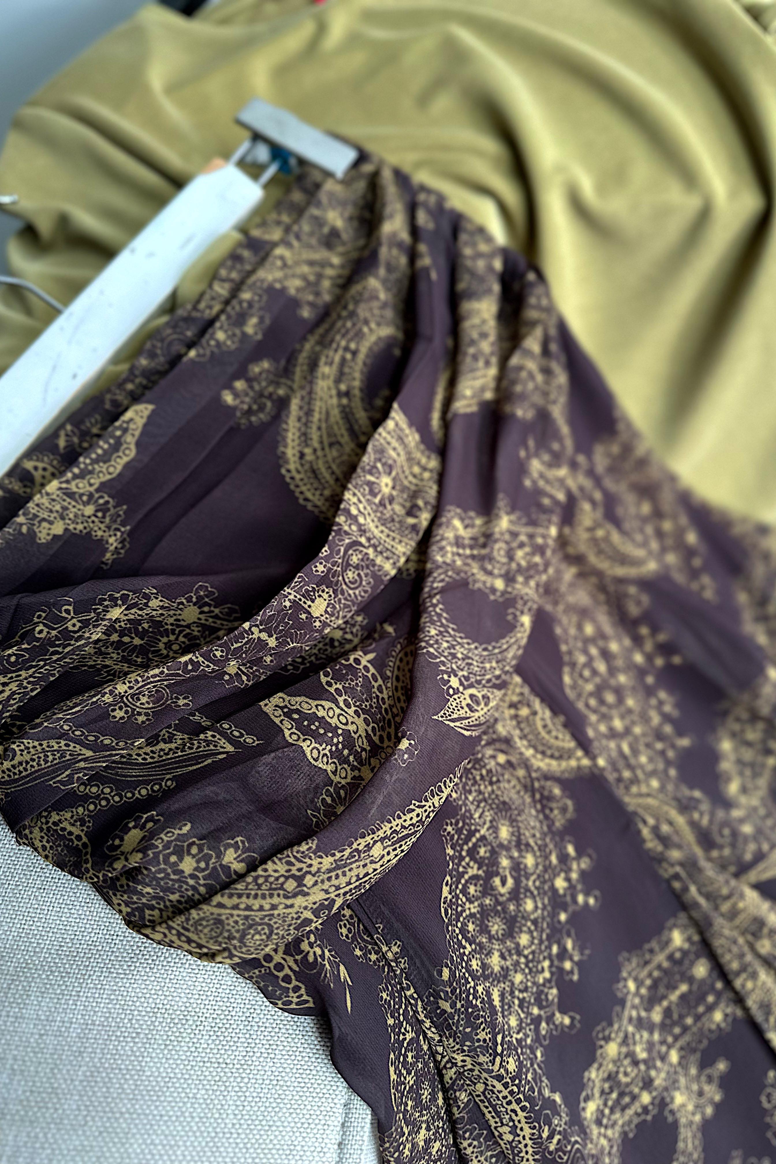 Bel Drape Şal Desen Şifon Etek Kahverengi