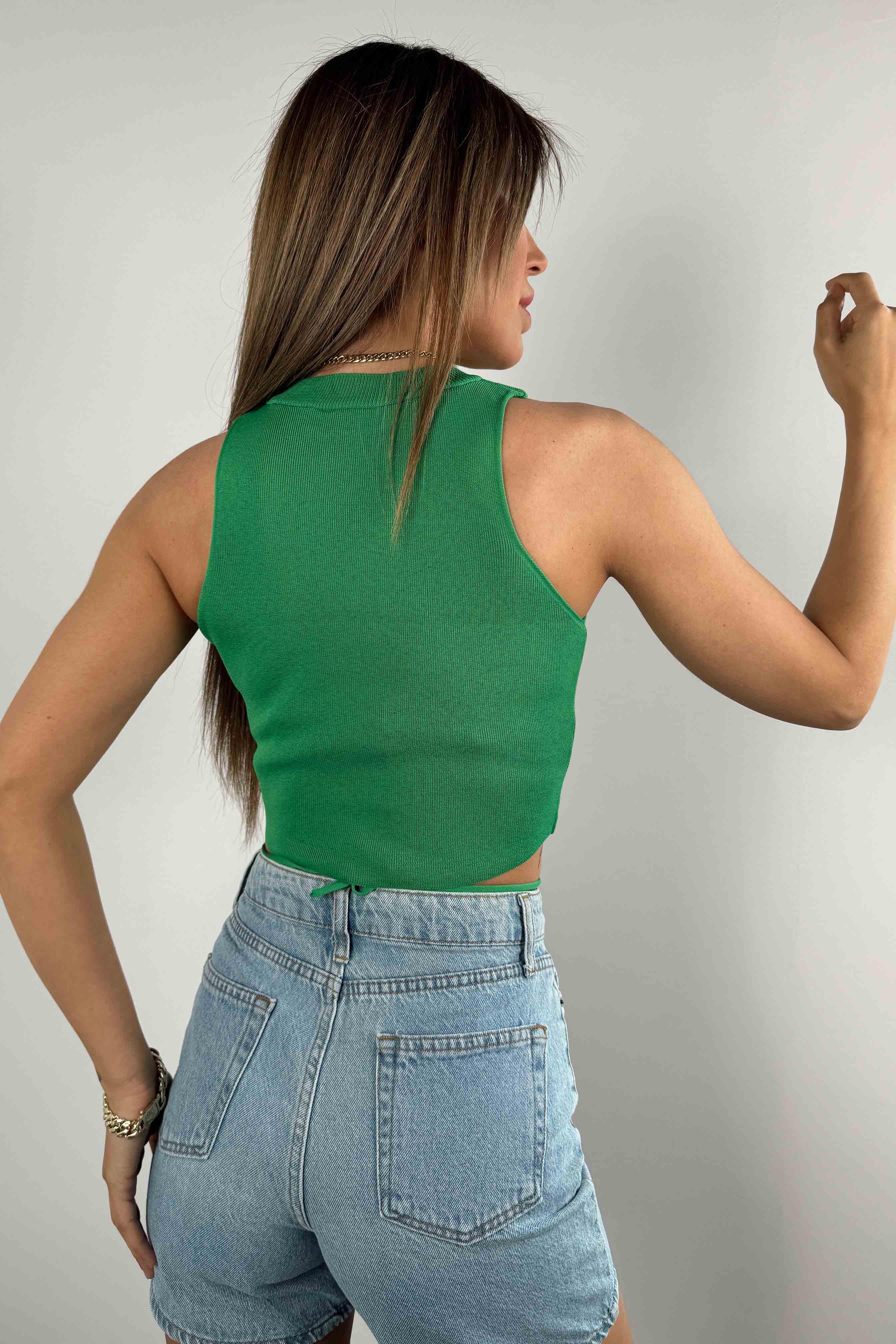 Belden Bağlamalı Crop Bluz Yeşil