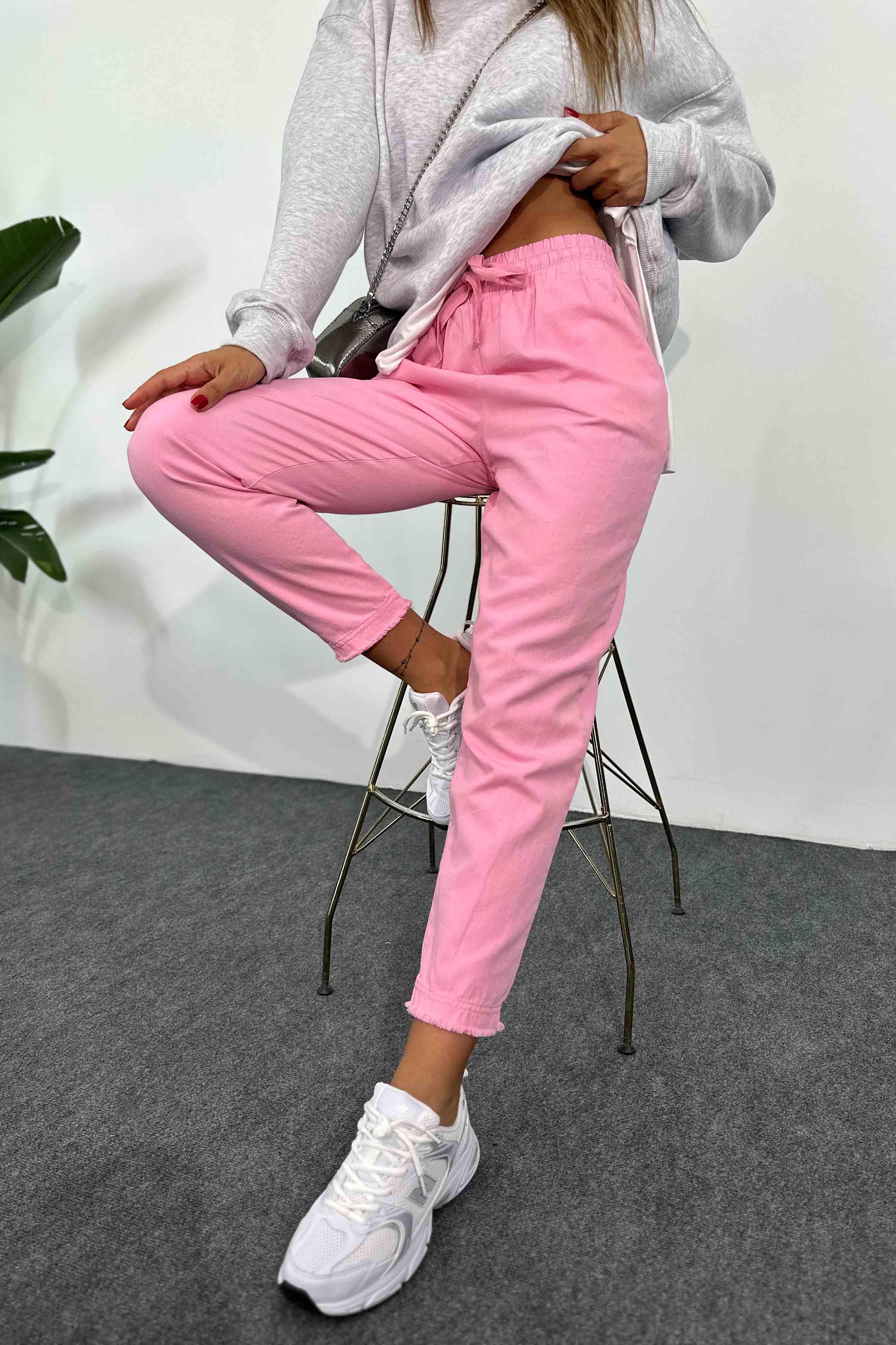 Beli Lastik ve İpli Püskül Detay Gabardin Pantolon Toz Pembe