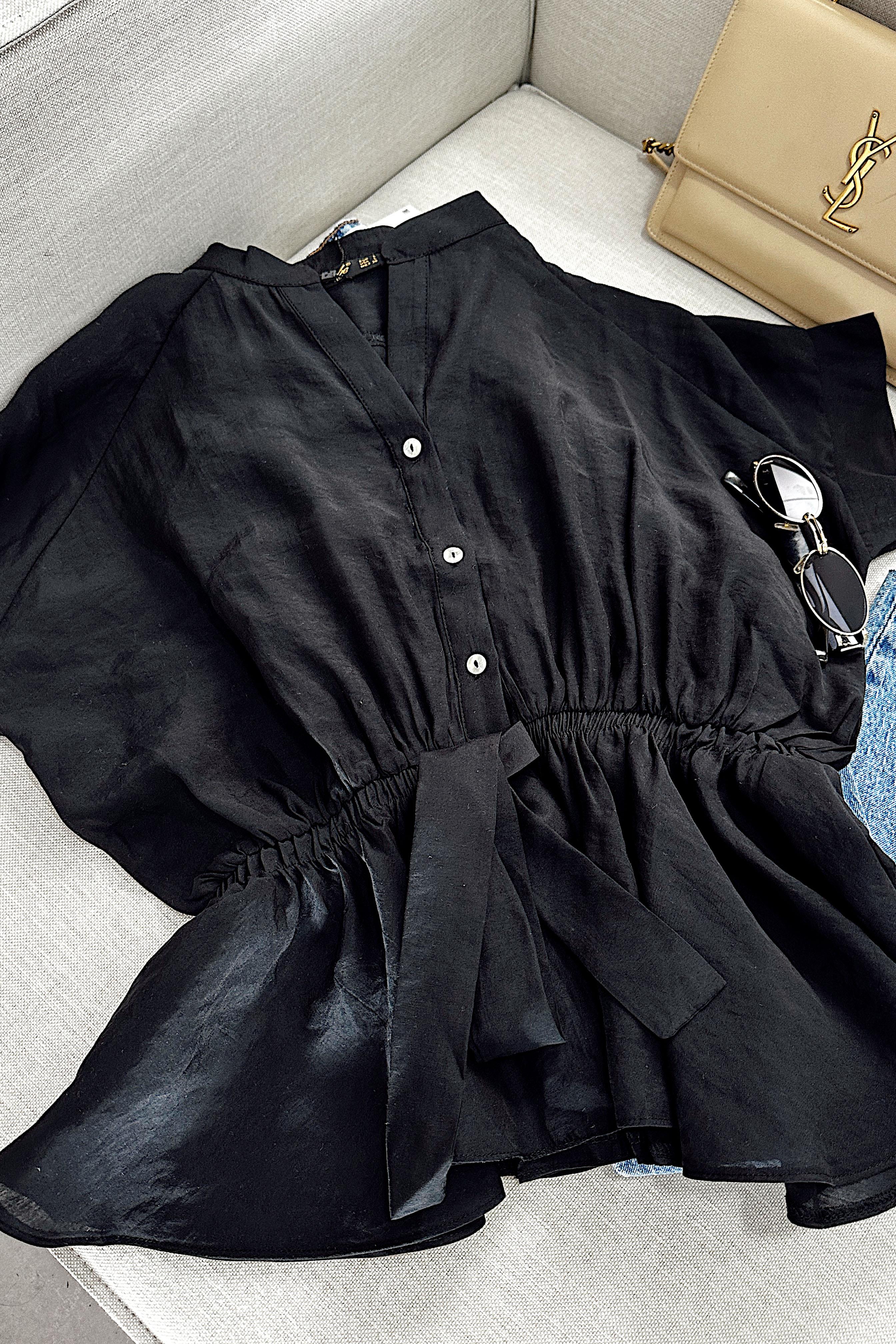 Beli Lastikli Kuşak Detaylı Tensel Gömlek Siyah