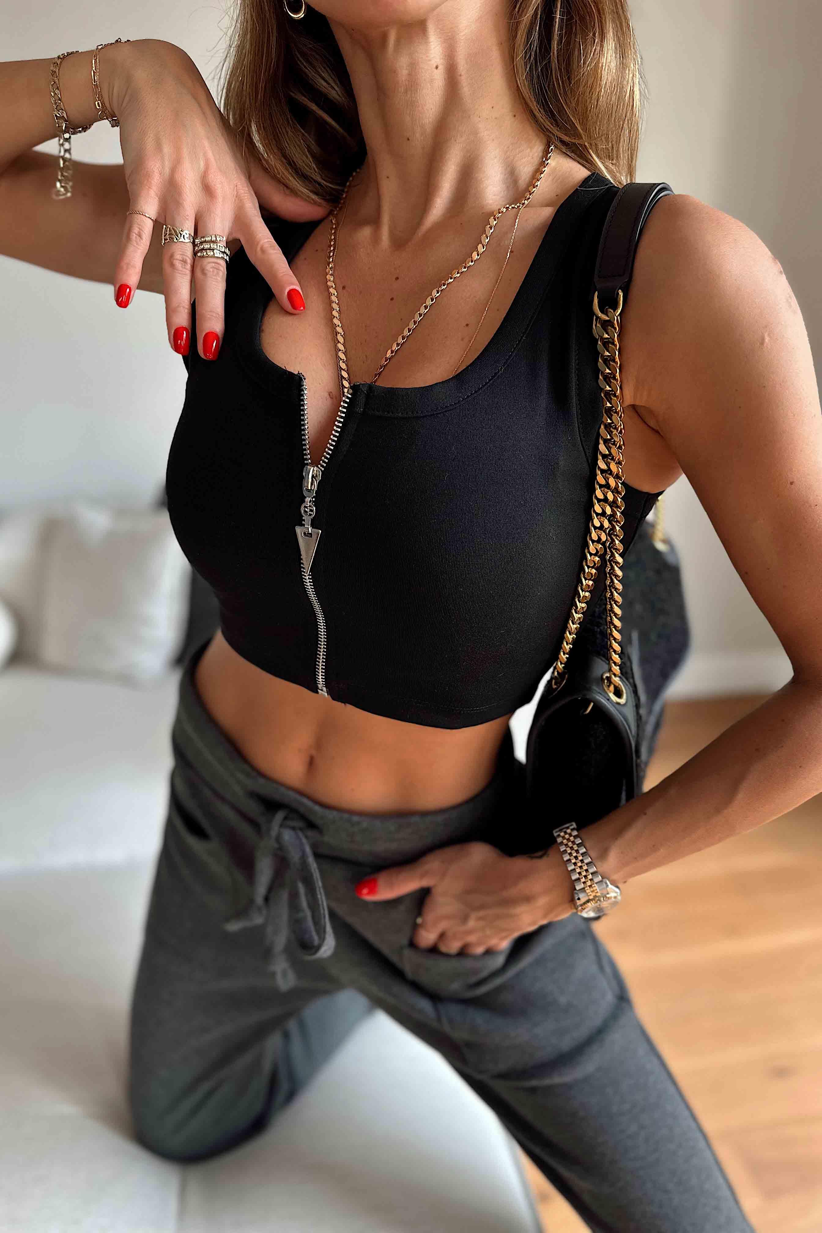 Çelik Kumaş Fermuarlı Crop Bluz Siyah