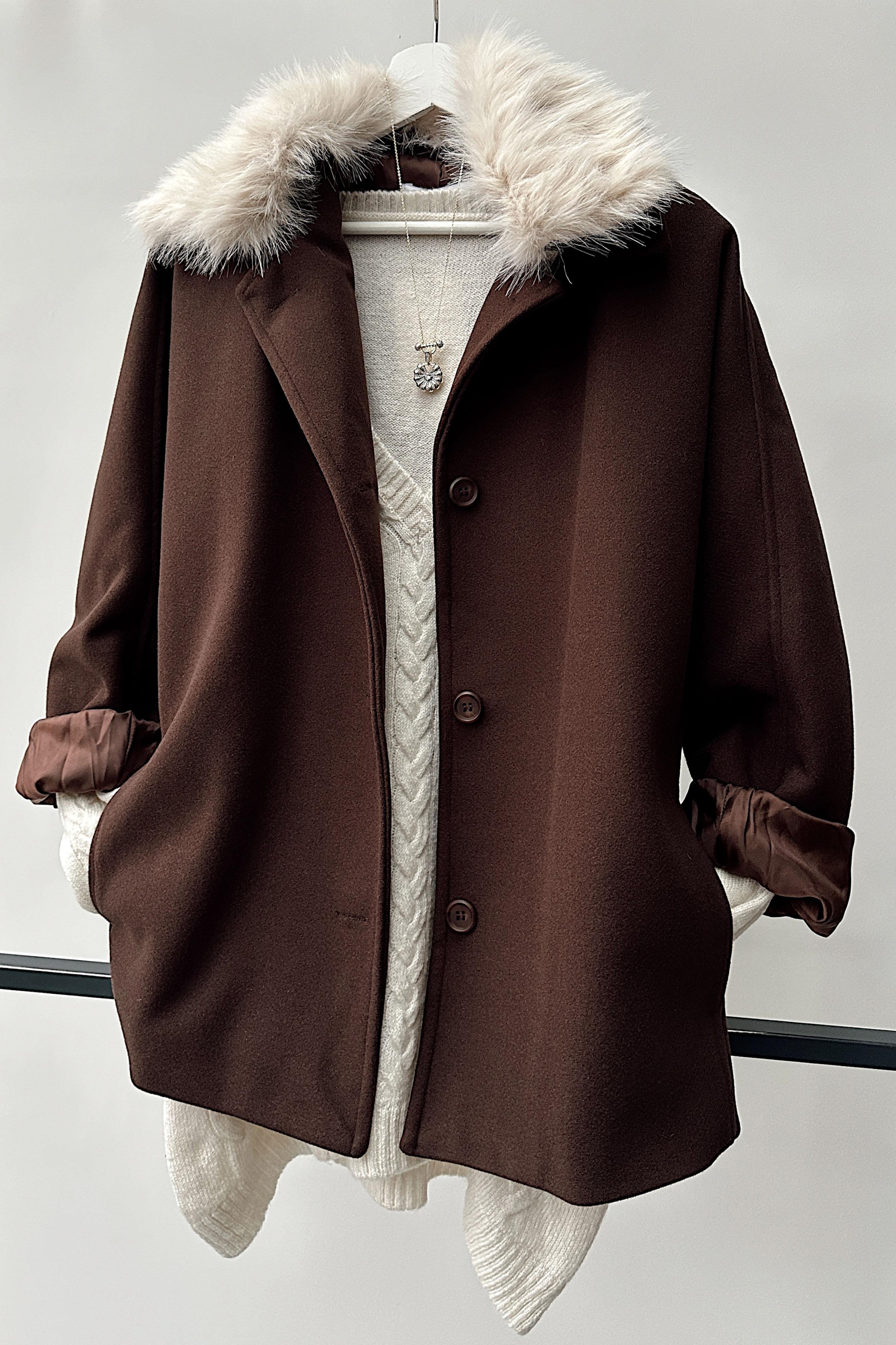 Çıkarılabilir Kürk Yakalı Kaban Acı Kahve