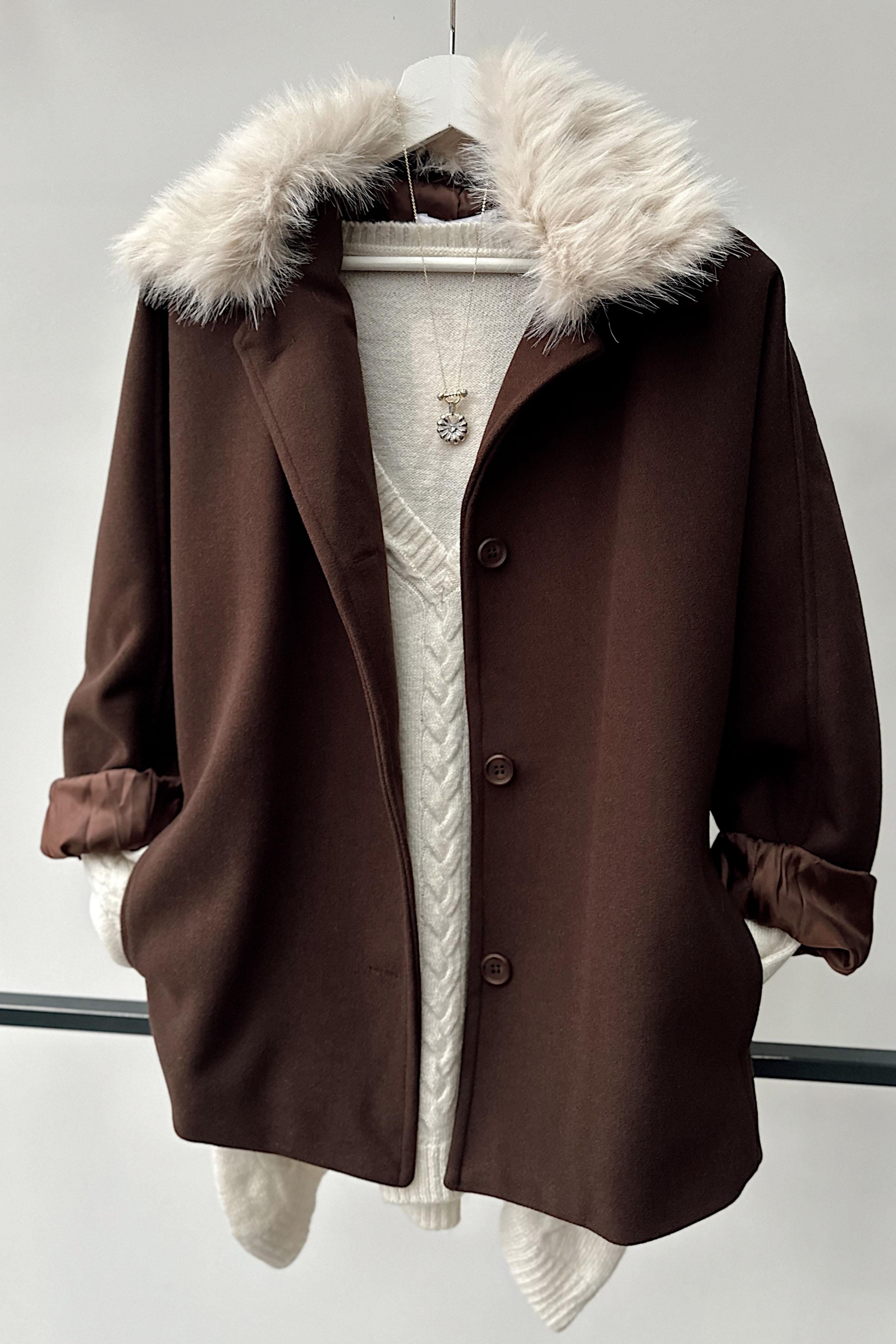 Çıkarılabilir Kürk Yakalı Kaban Acı Kahve