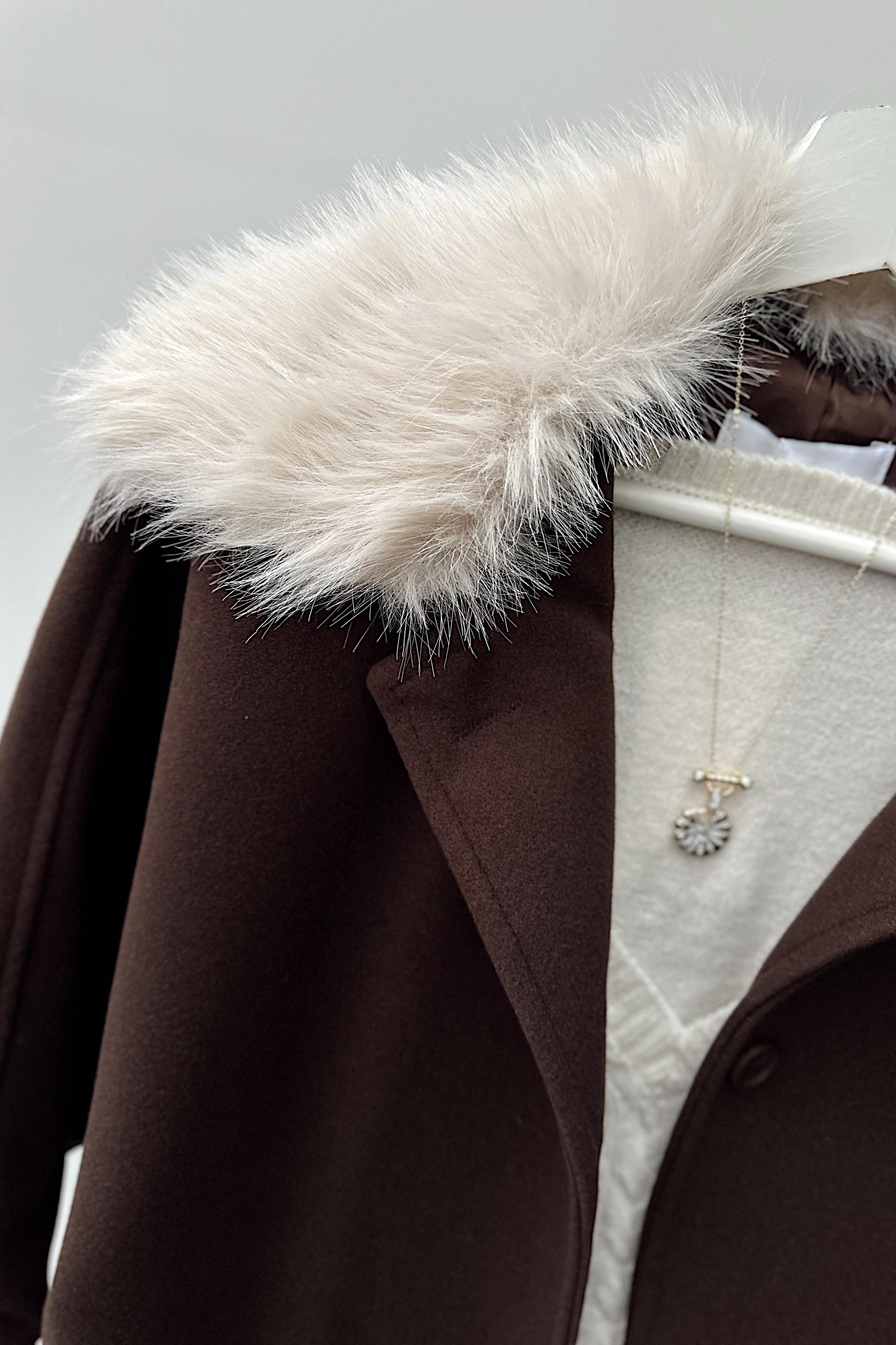 Çıkarılabilir Kürk Yakalı Kaban Acı Kahve