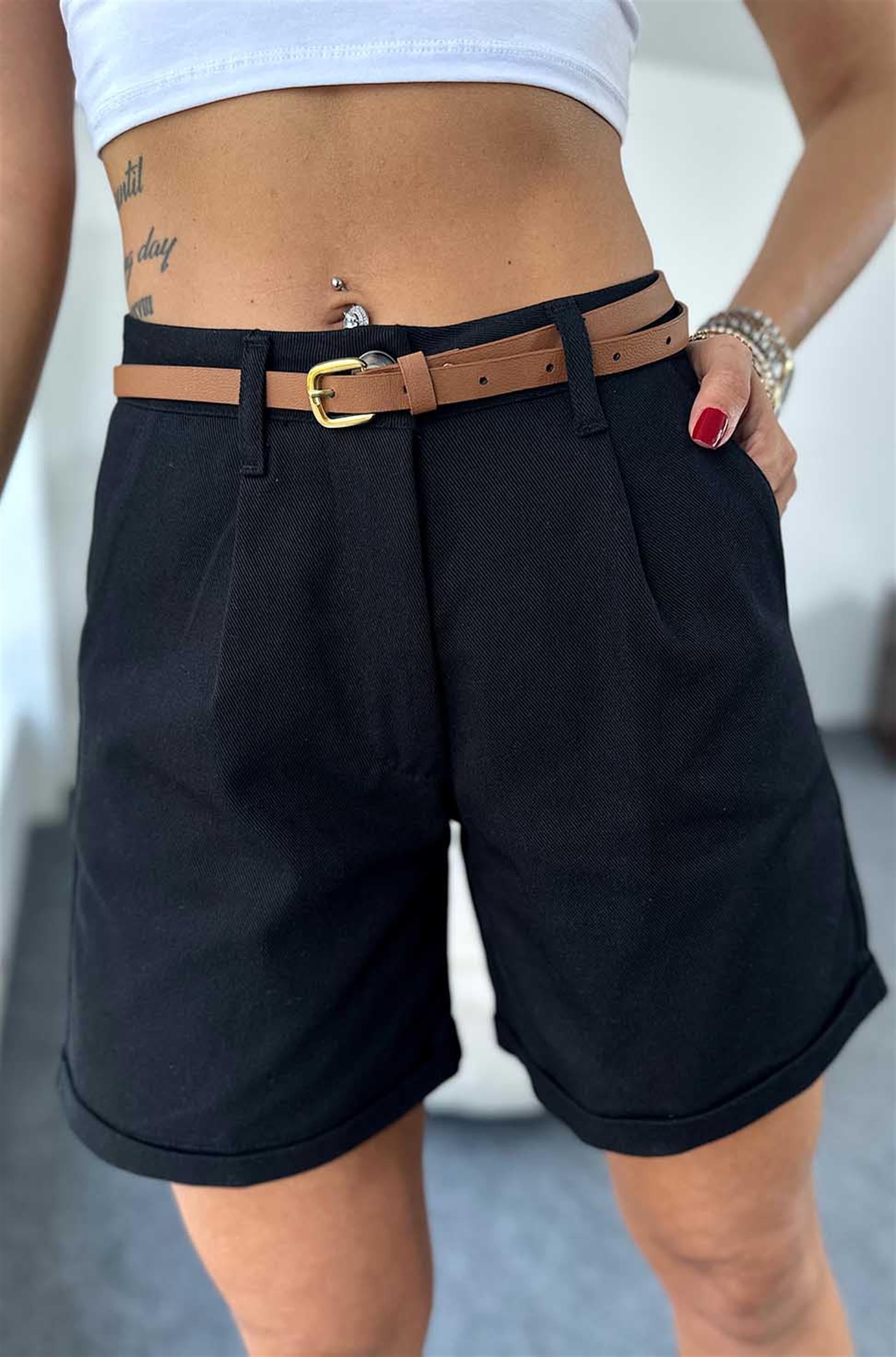 Duble paça Şehir Boy Kemerli Gabardin Şort Siyah