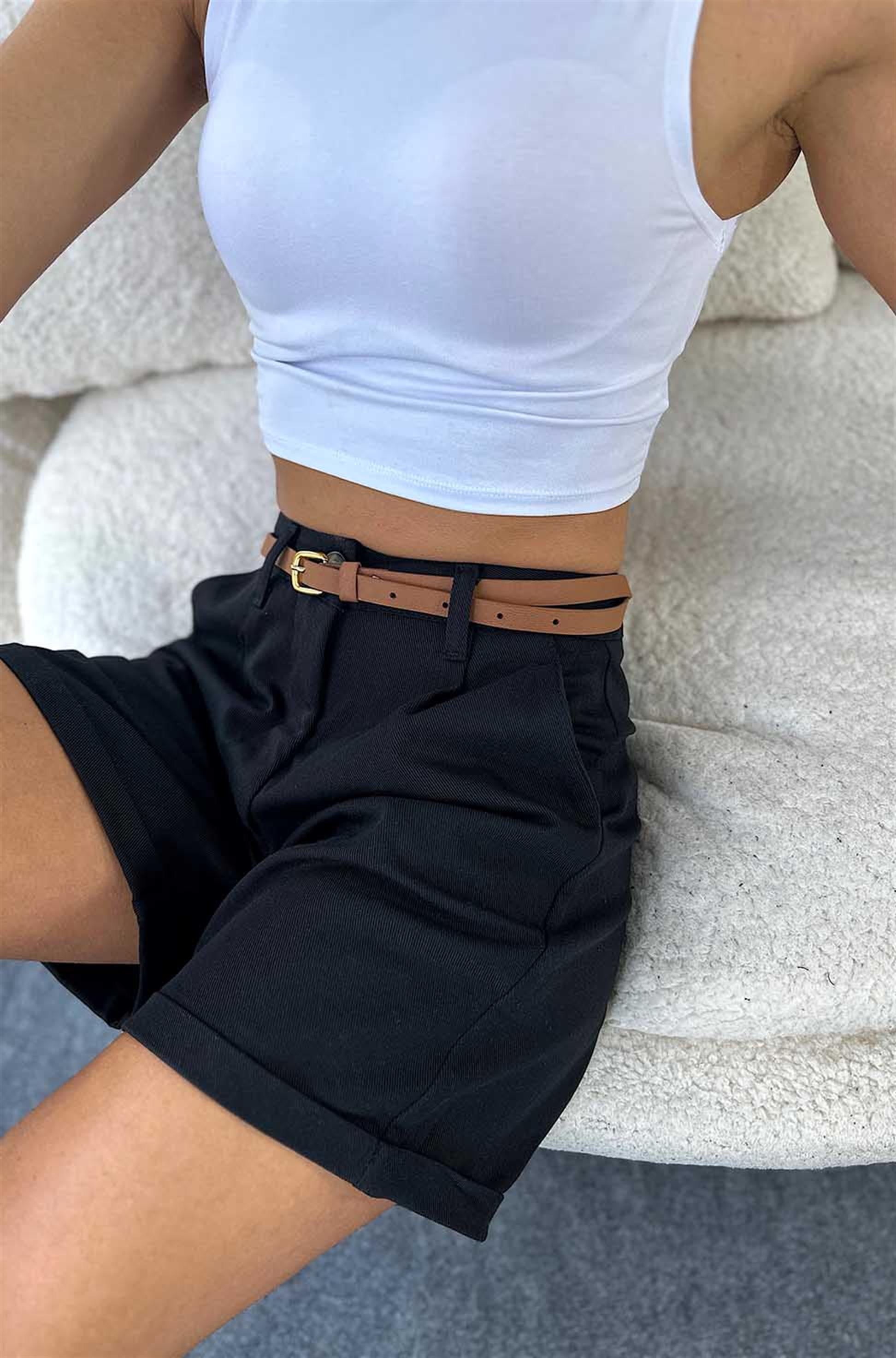 Duble paça Şehir Boy Kemerli Gabardin Şort Siyah