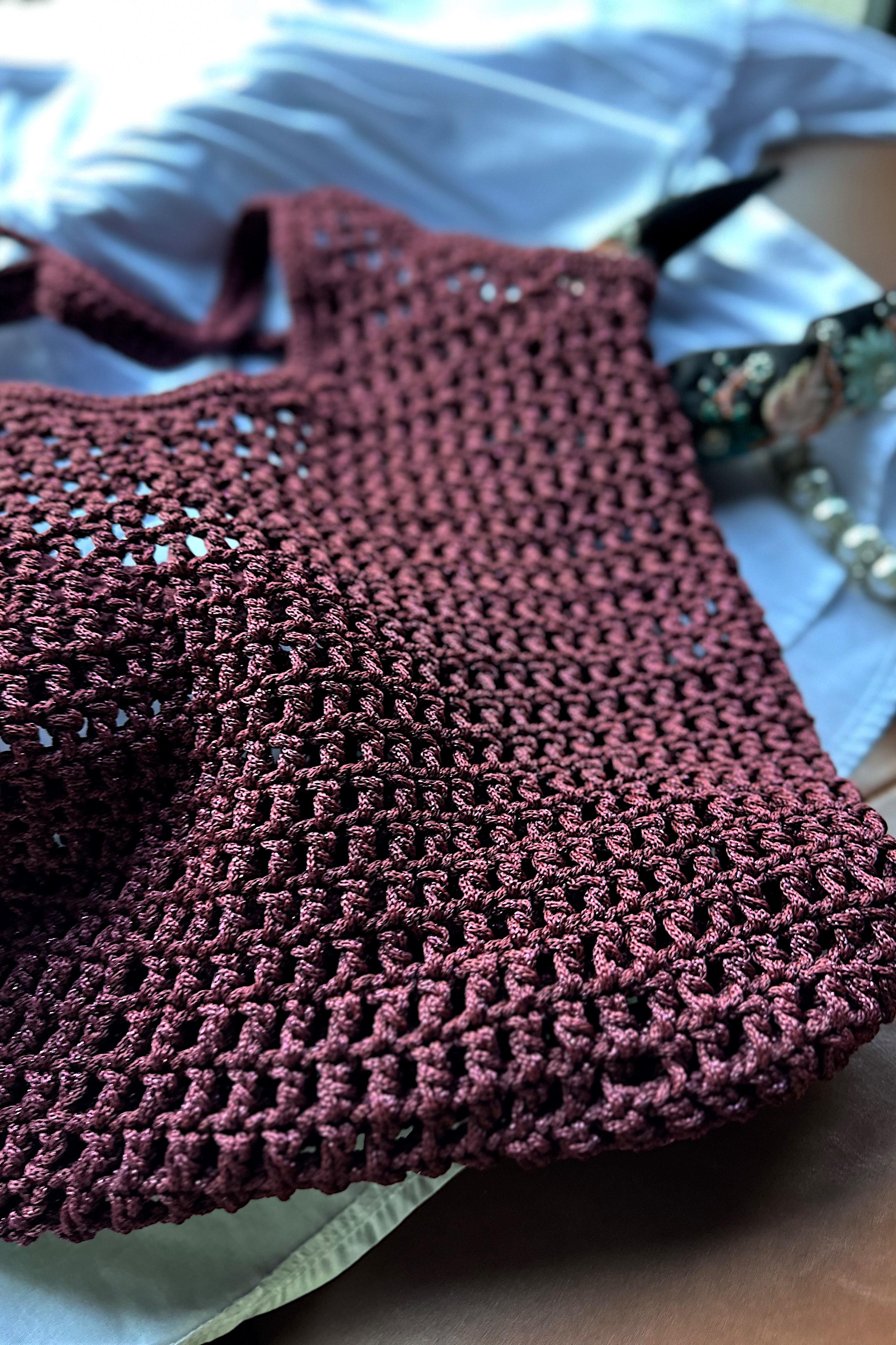 El Yapımı Örgü File Çanta Bordo