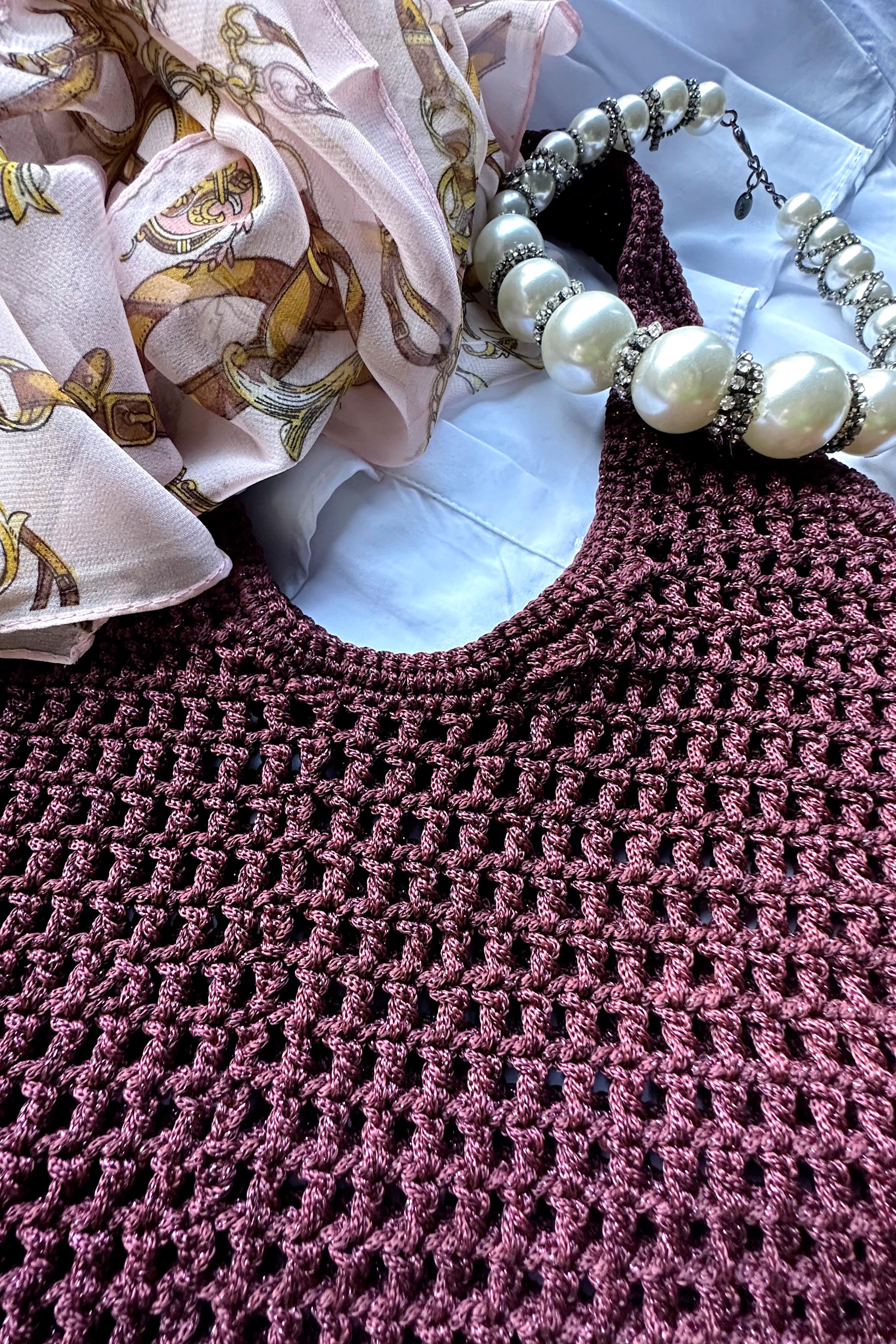 El Yapımı Örgü File Çanta Bordo