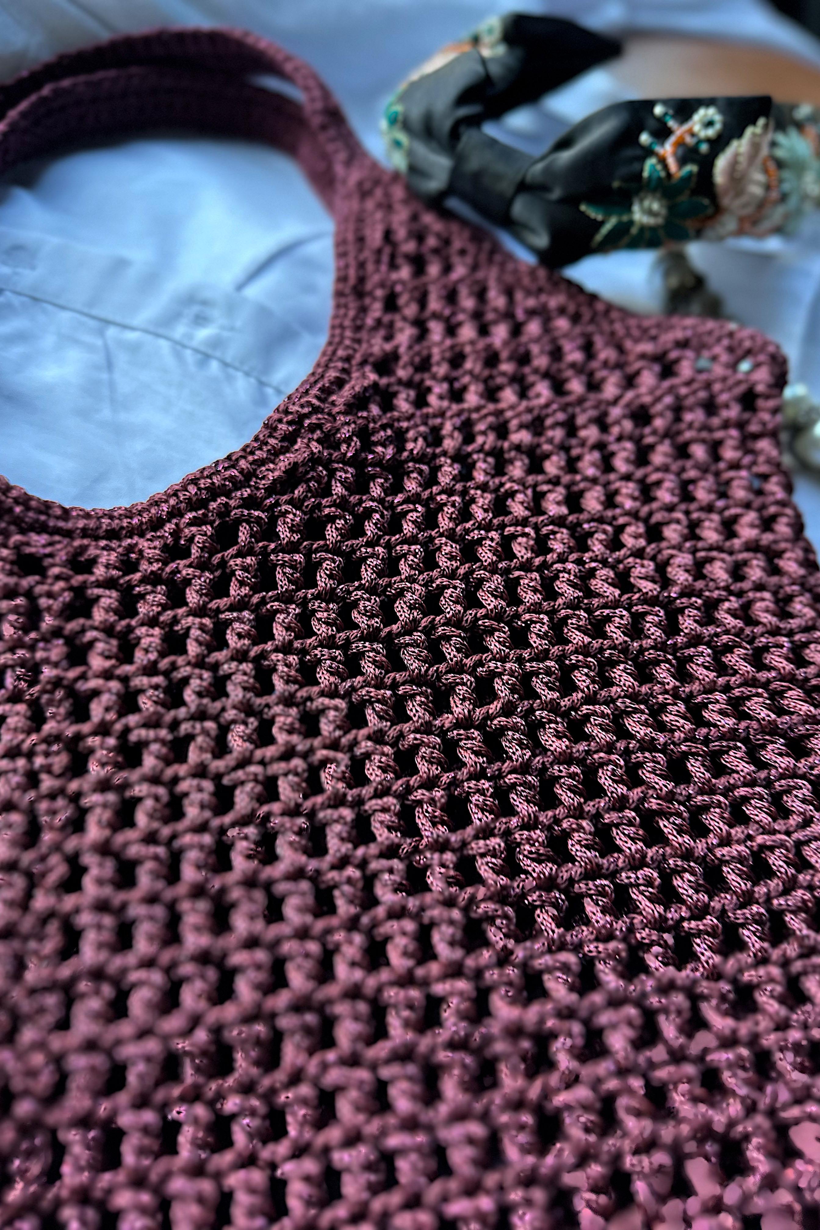 El Yapımı Örgü File Çanta Bordo