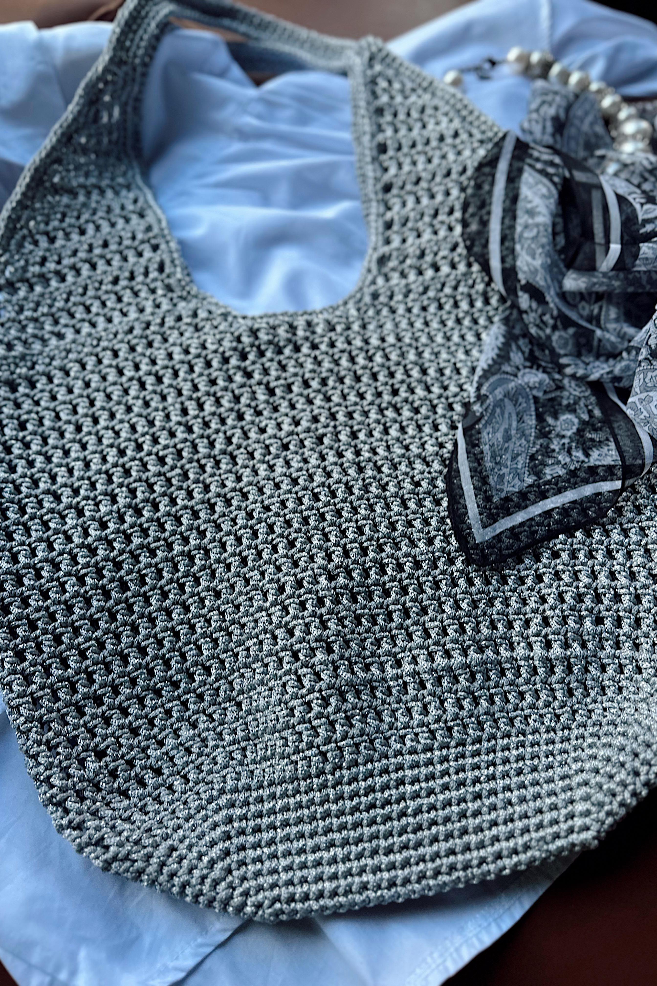 El Yapımı Örgü File Çanta Silver