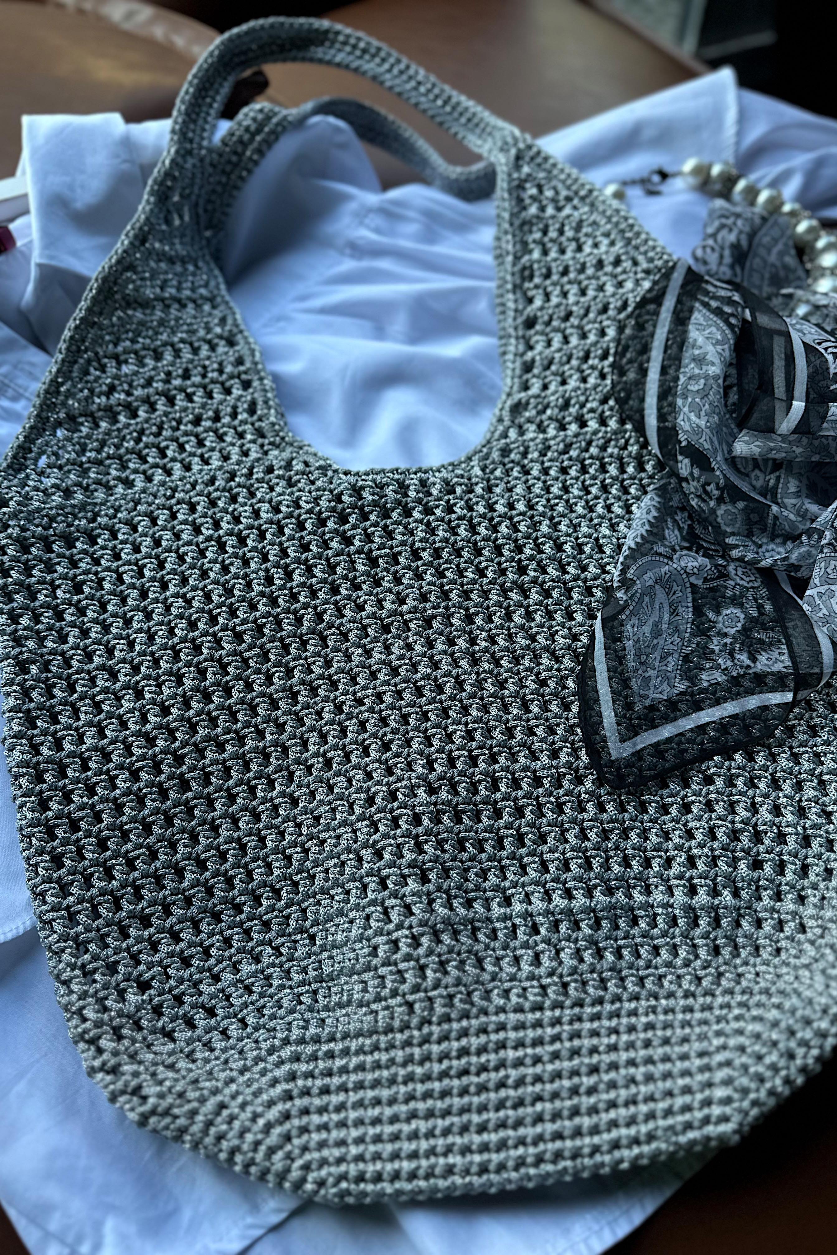 El Yapımı Örgü File Çanta Silver