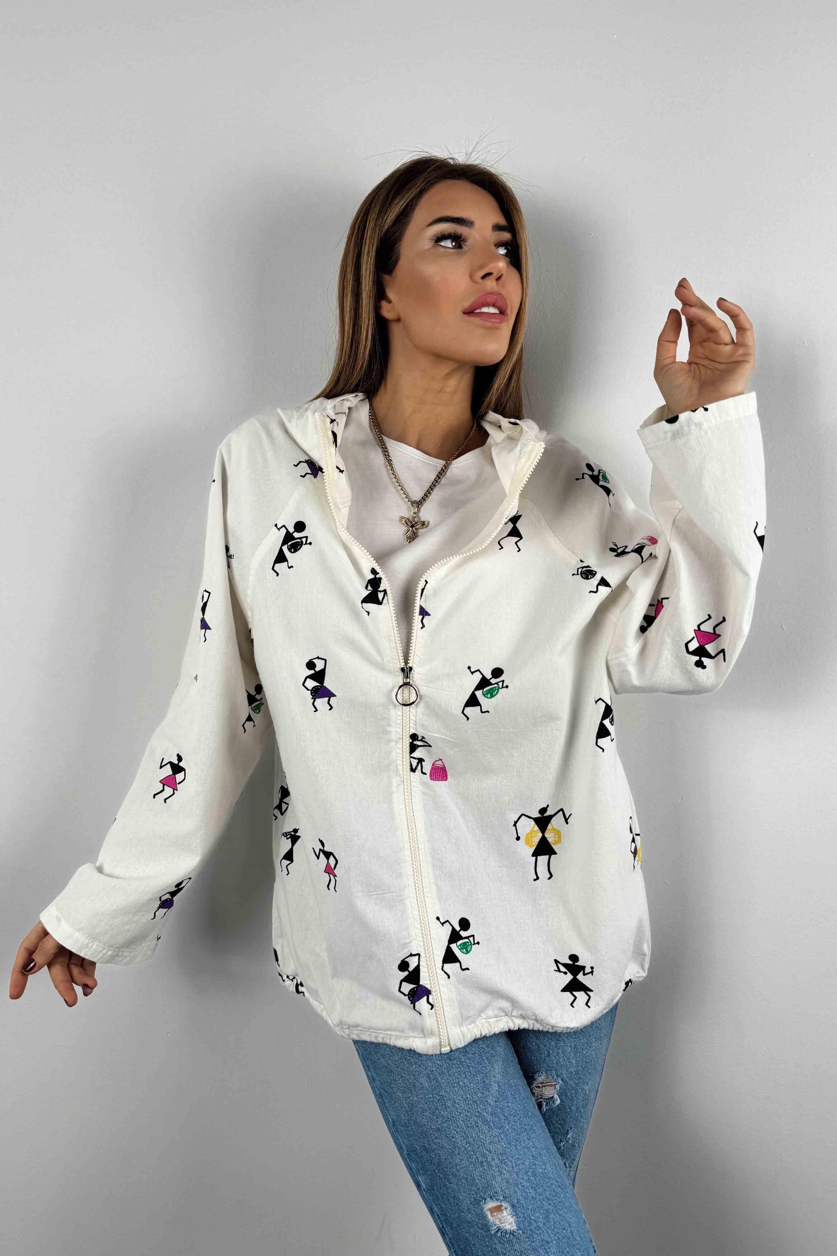 Figür Tasarım Fermuarlı Kadın Ceket Ekru