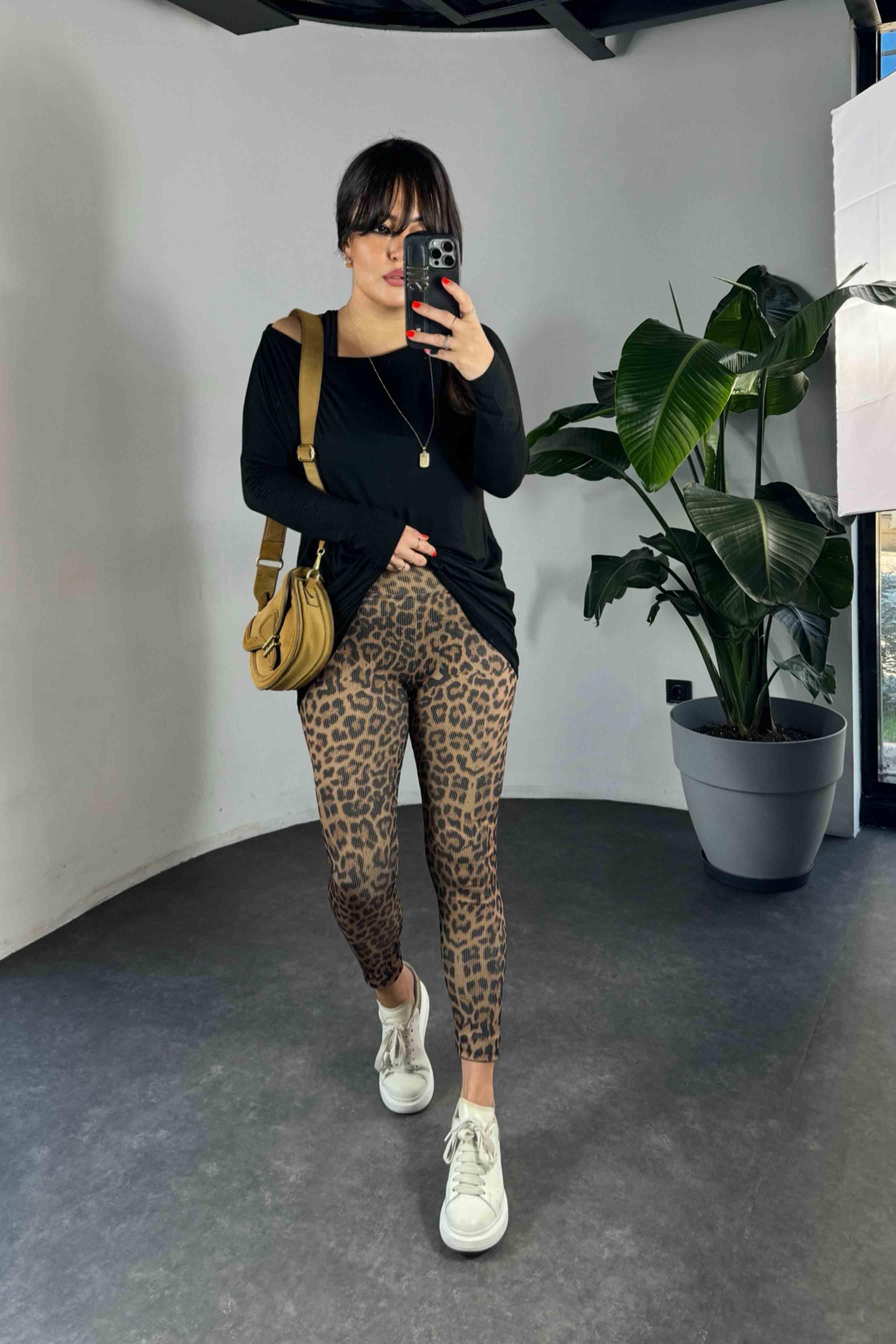 Geniş Kemer Leopar Desen Fitilli Kadın Tayt Kahverengi