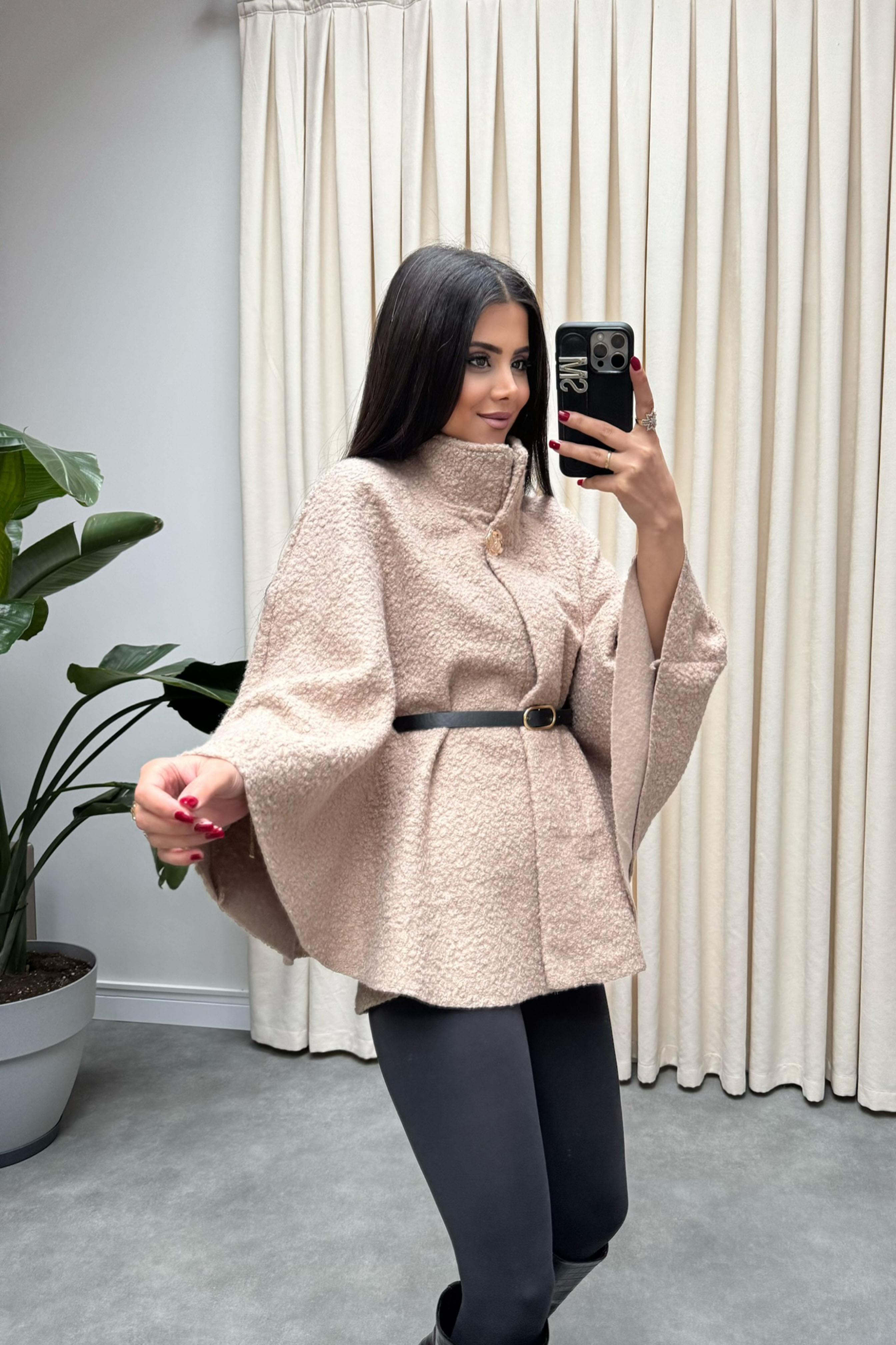 Gold Düğmeli Bürümcük Panço Kaban Taş