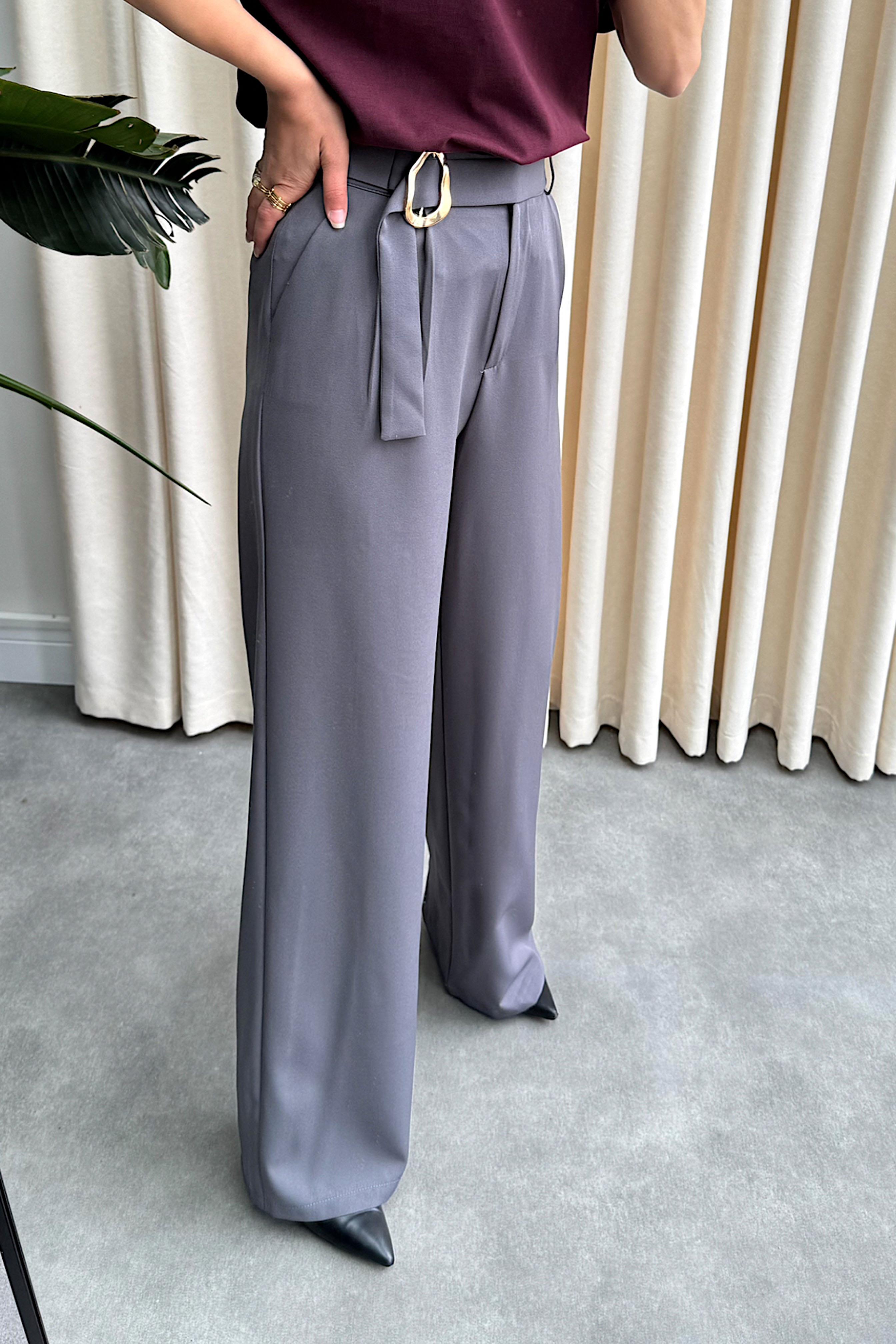 Gold Toka Detaylı Palazzo Pantolon Gri