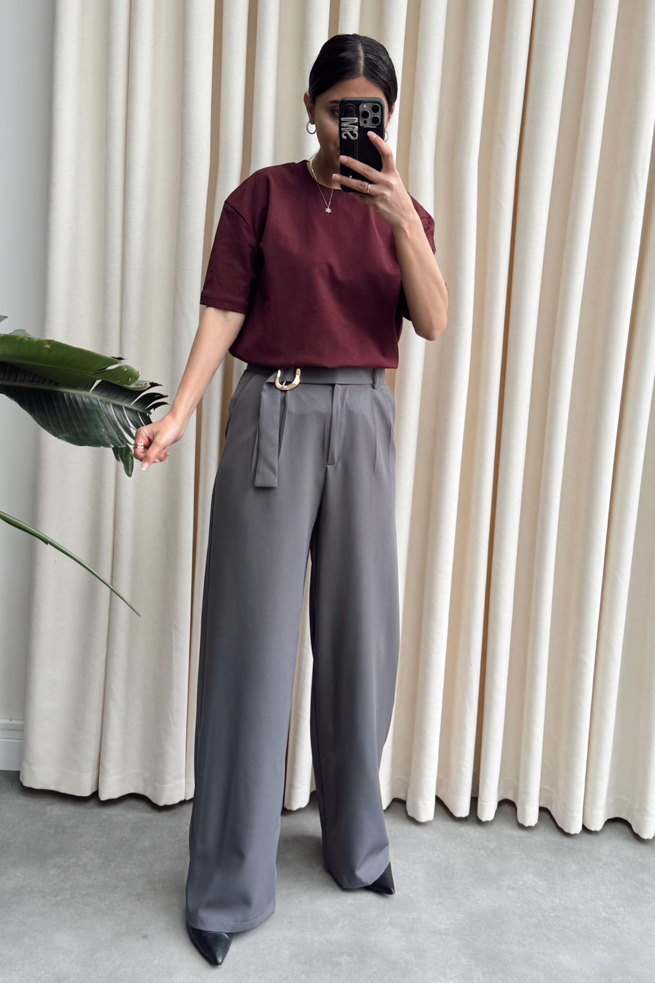 Gold Toka Detaylı Palazzo Pantolon Gri