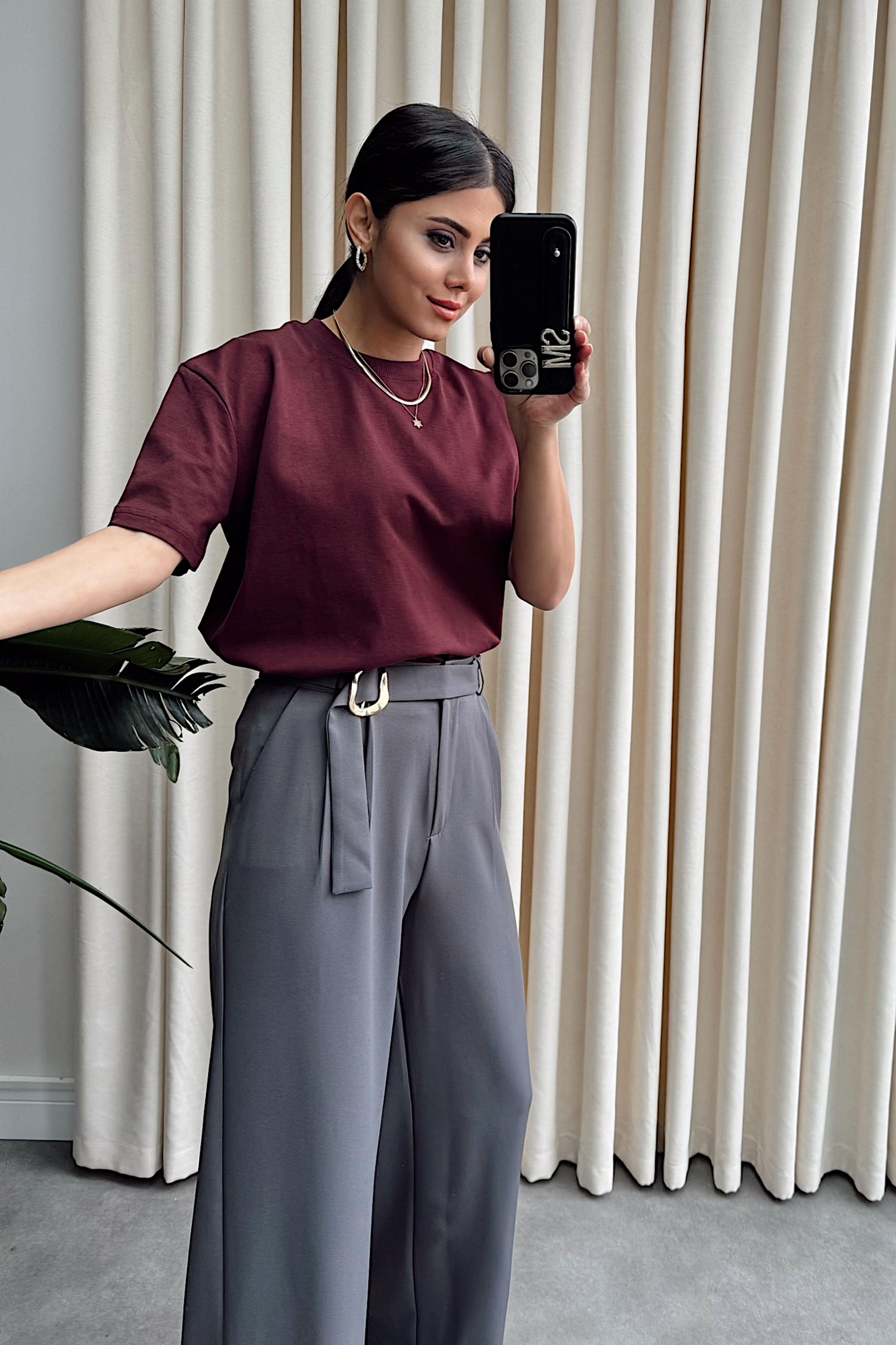 Gold Toka Detaylı Palazzo Pantolon Gri