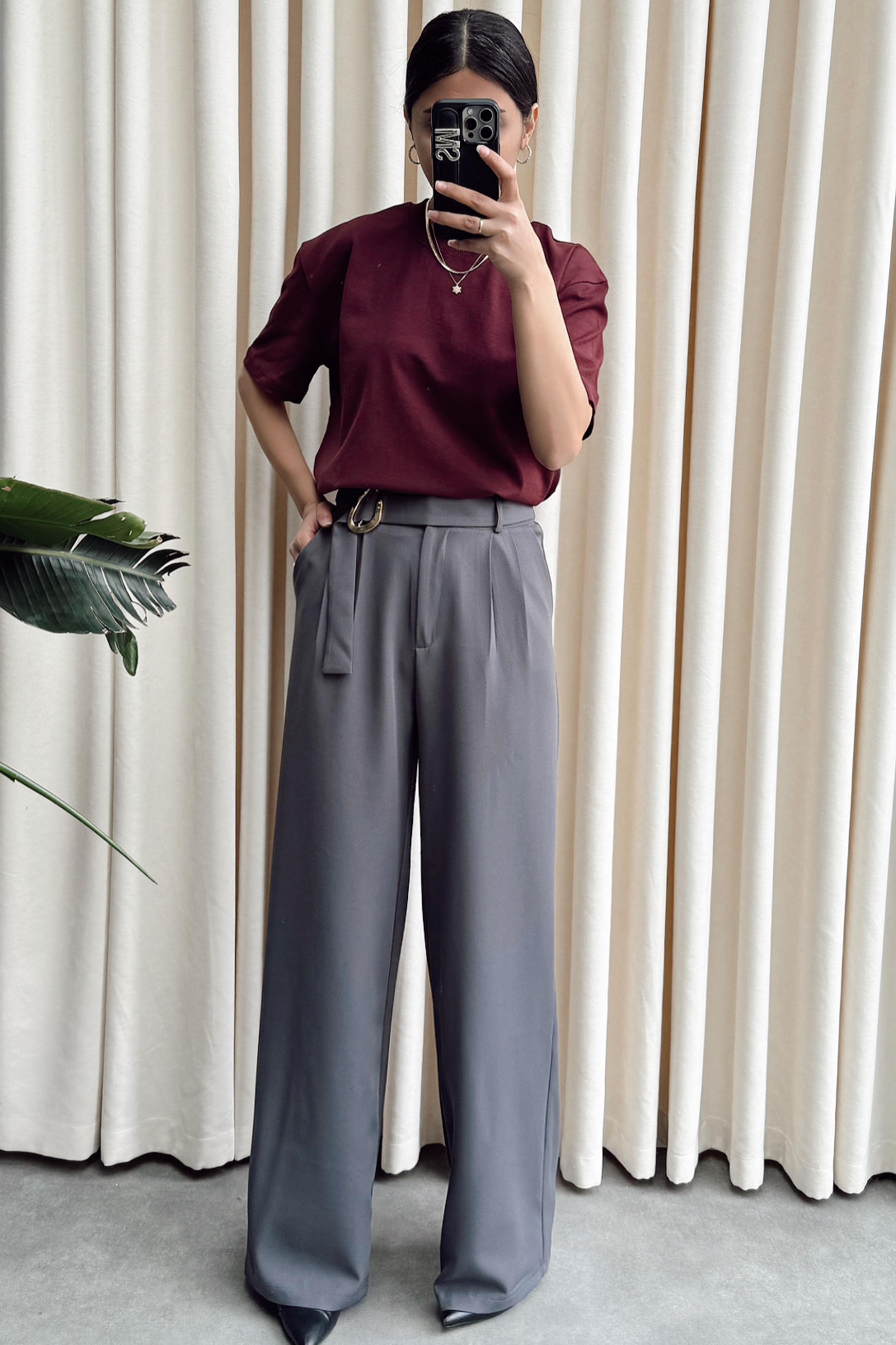 Gold Toka Detaylı Palazzo Pantolon Gri